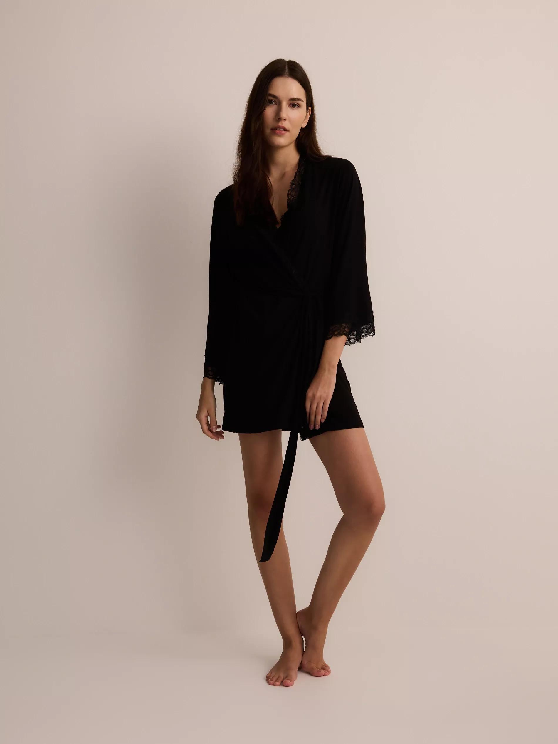 Black Viscose Rich Dressing Gown, , large image number 2