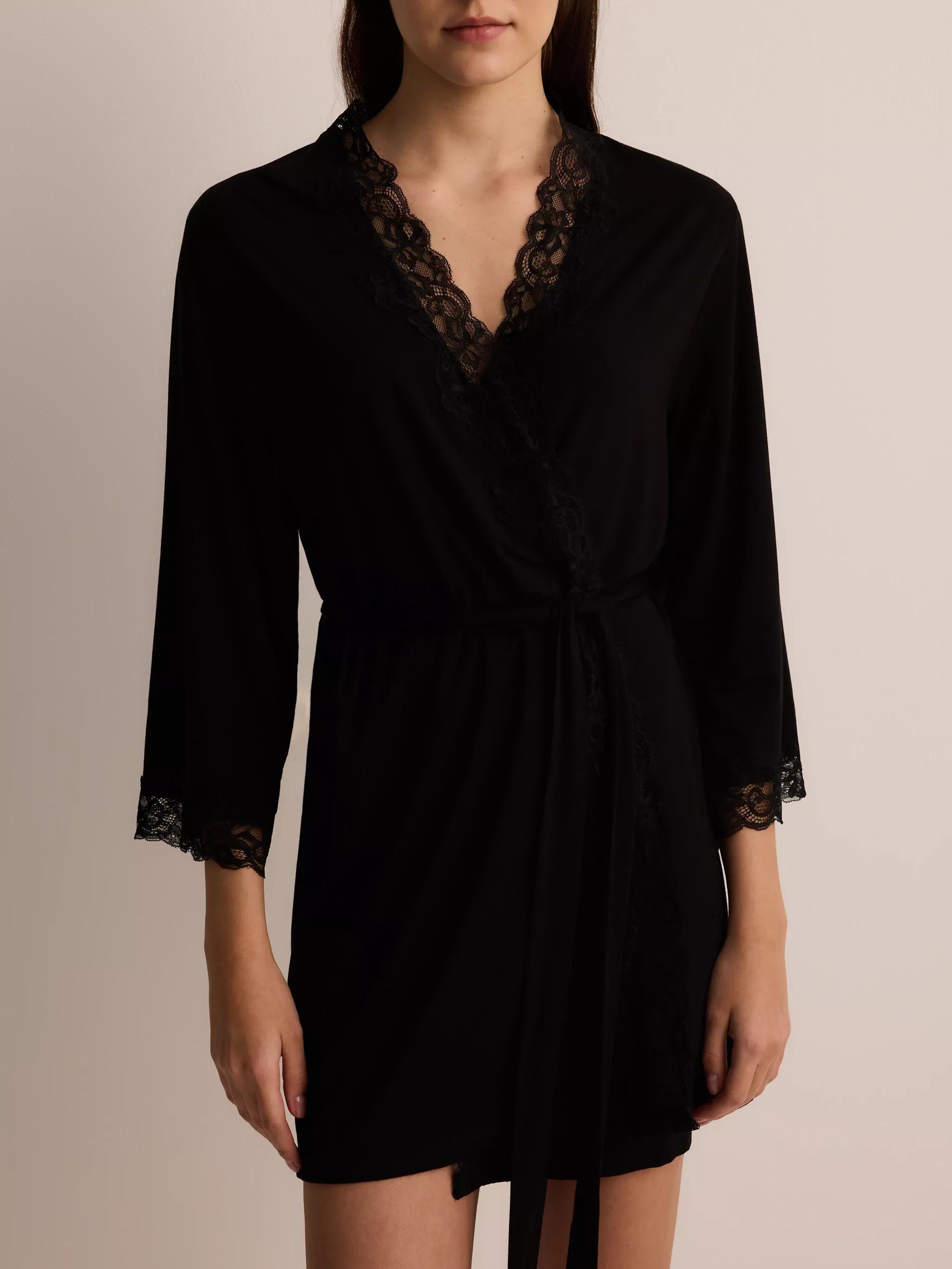 Black Viscose Rich Dressing Gown, , large image number 3