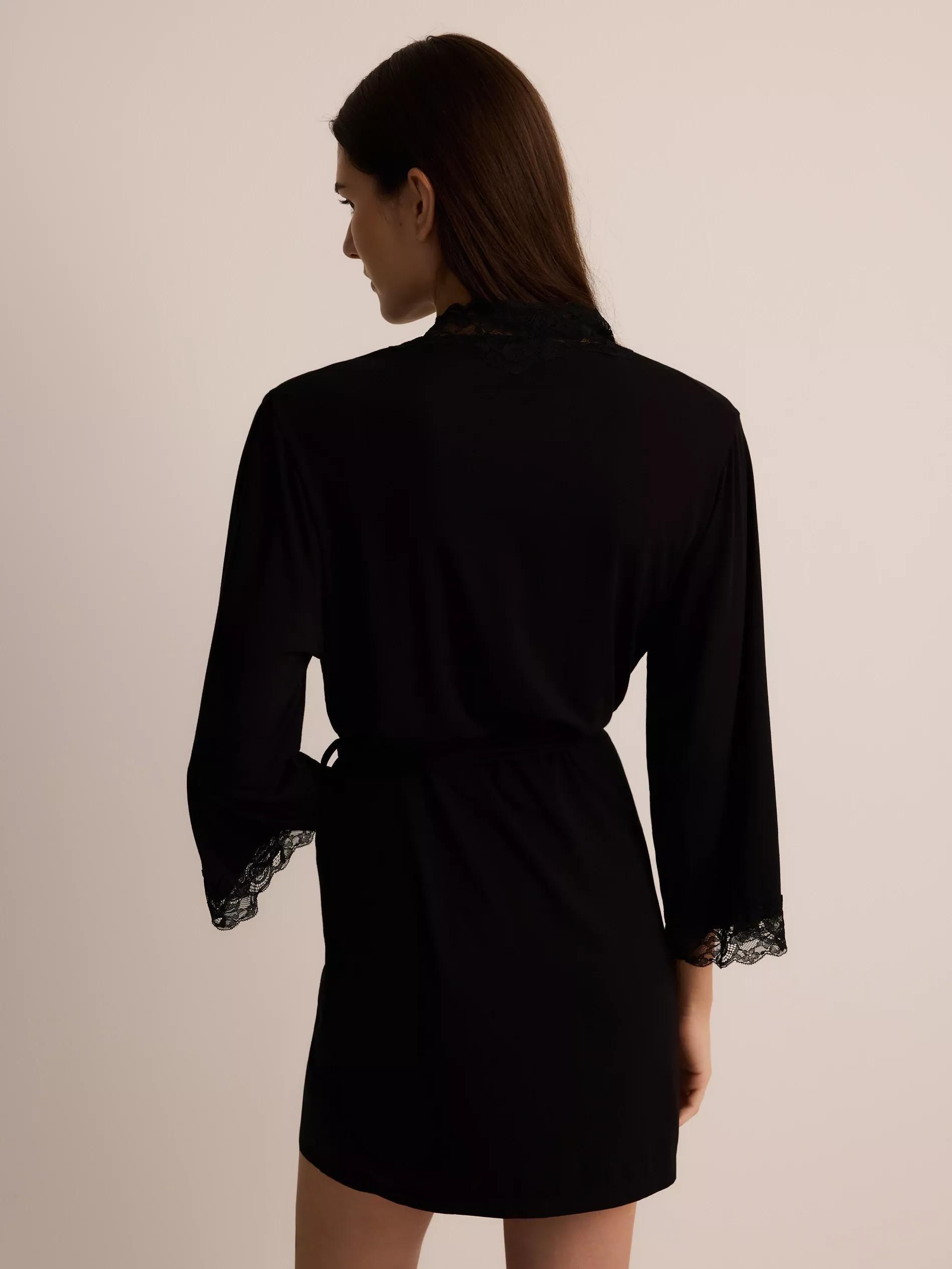 Black Viscose Rich Dressing Gown, , large image number 4
