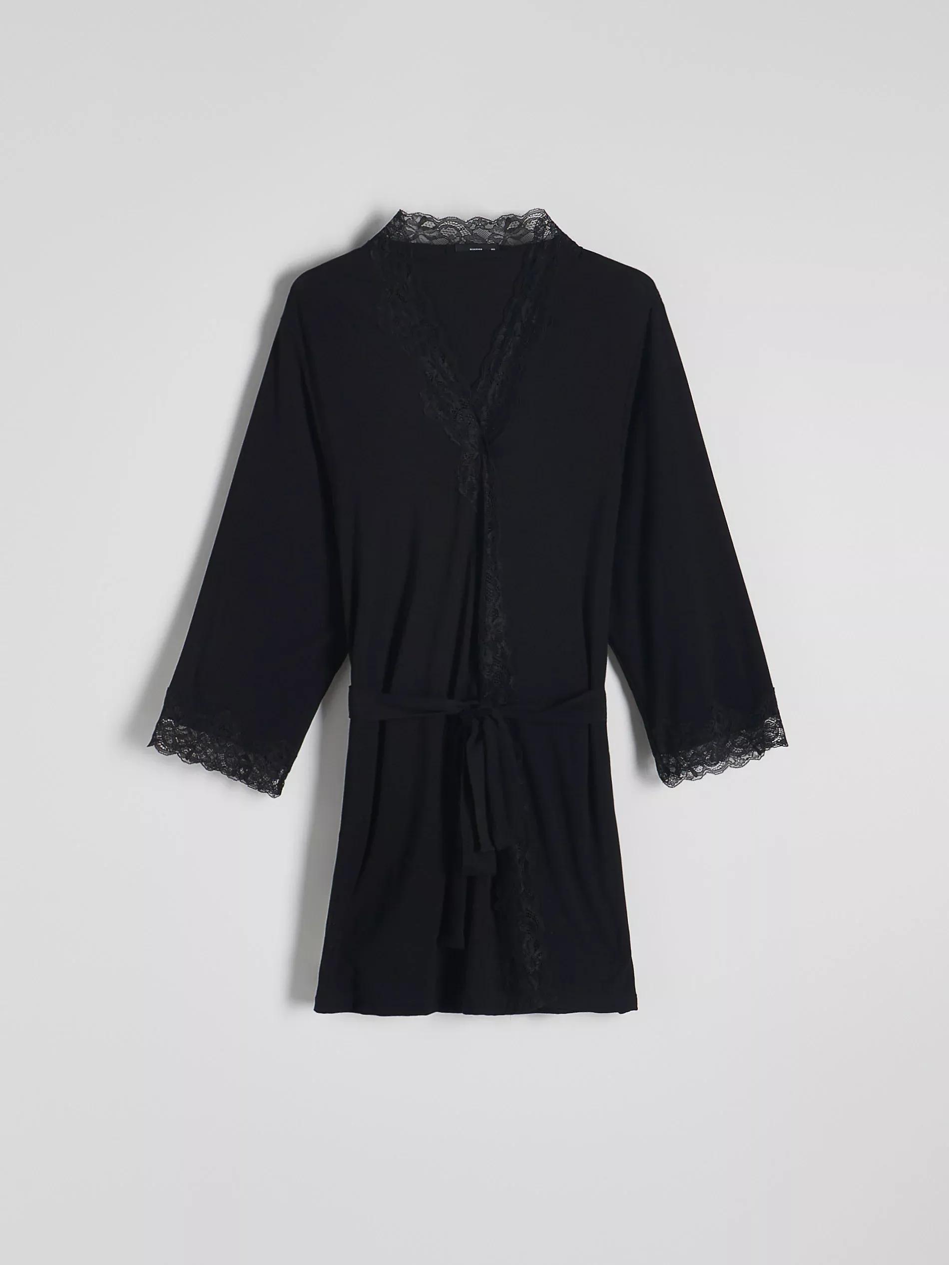 Black Viscose Rich Dressing Gown, , large image number 5