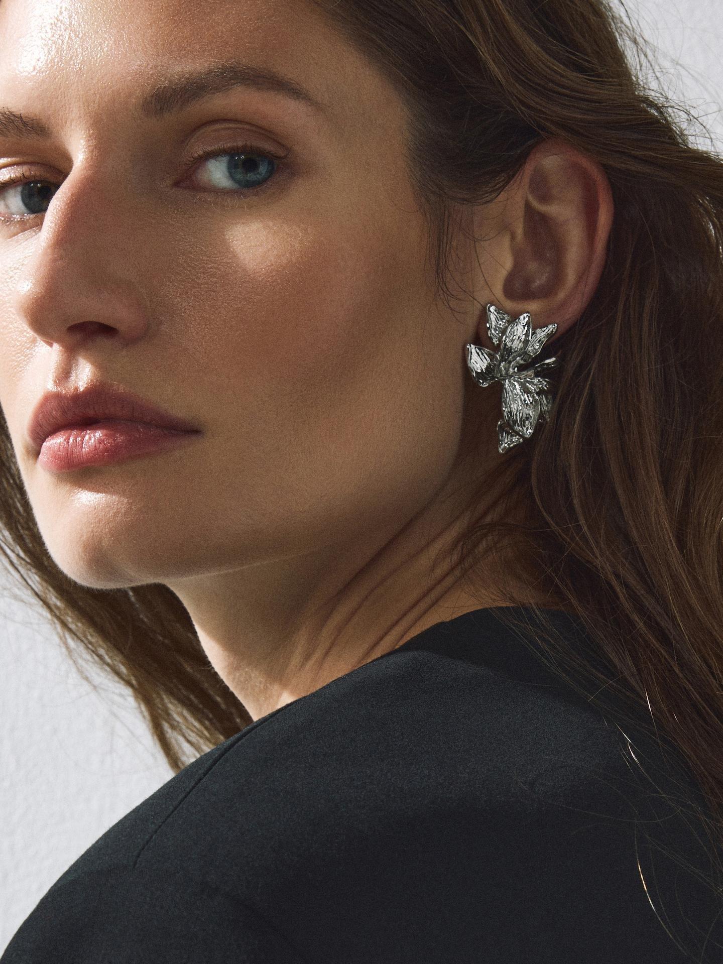 Silver Earrings With Floral Motif, Silver, large image number 0
