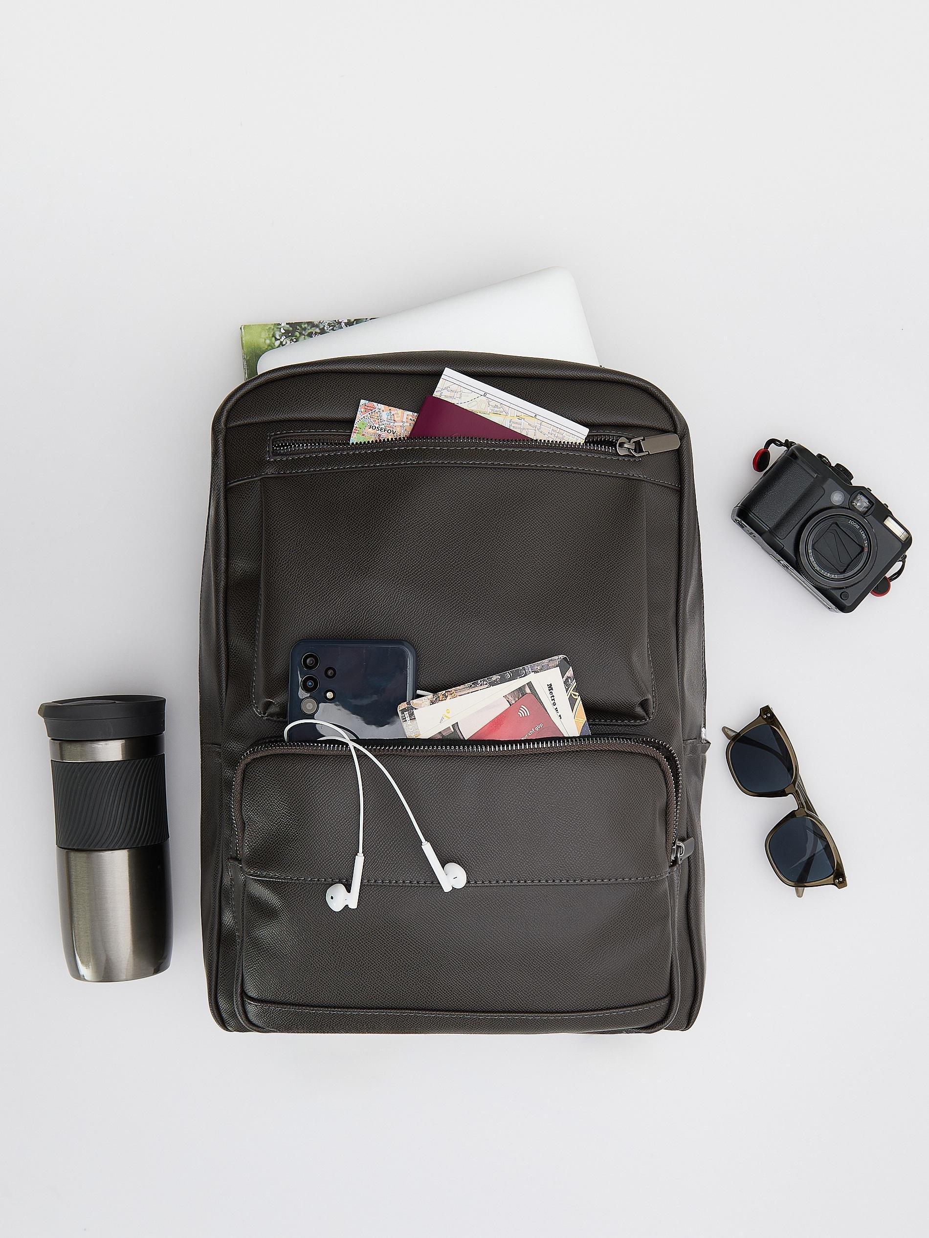 Brown Faux Leather Backpack, Brown, large image number 1