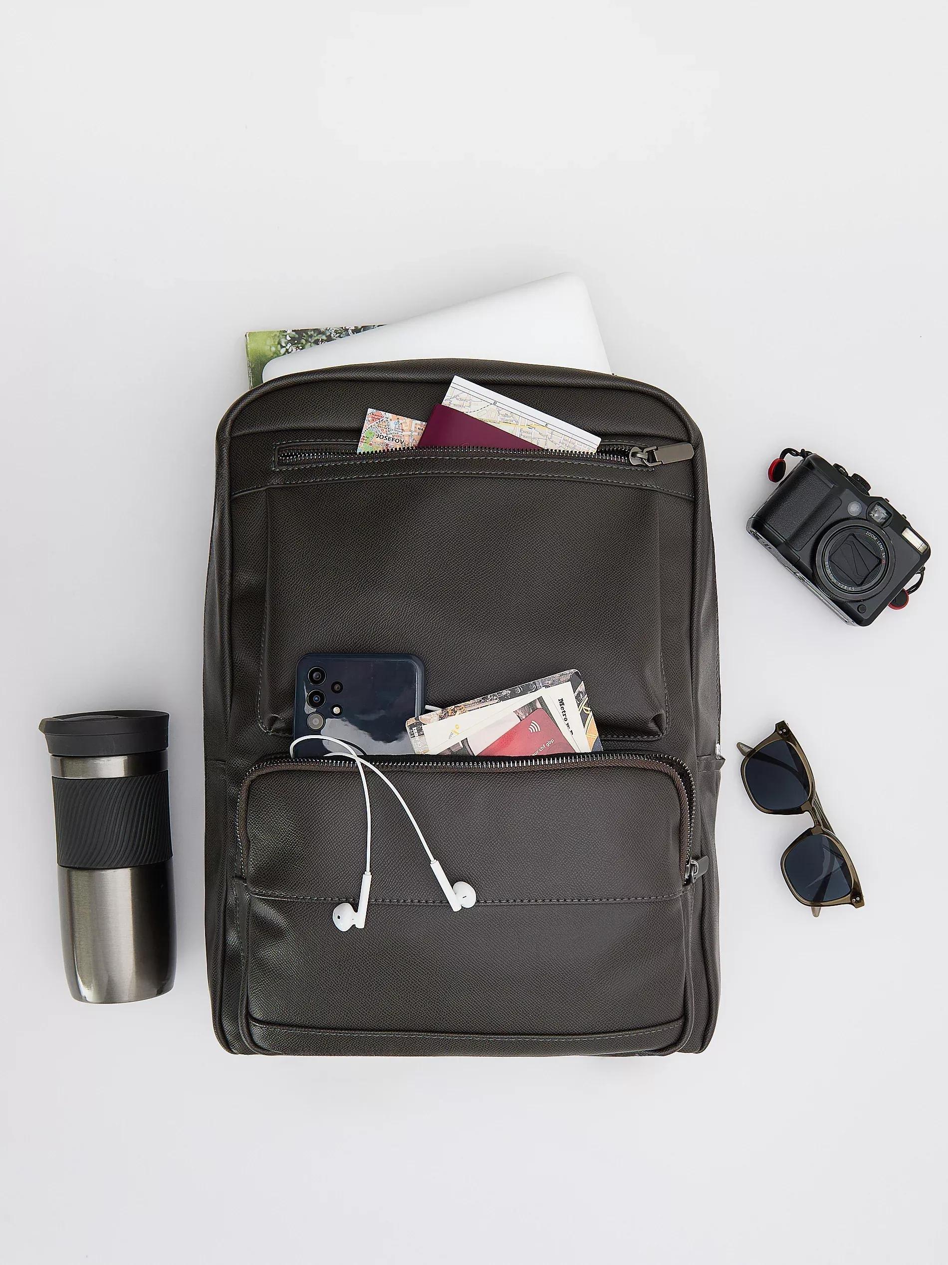 Brown Faux Leather Backpack, Brown, large image number 12