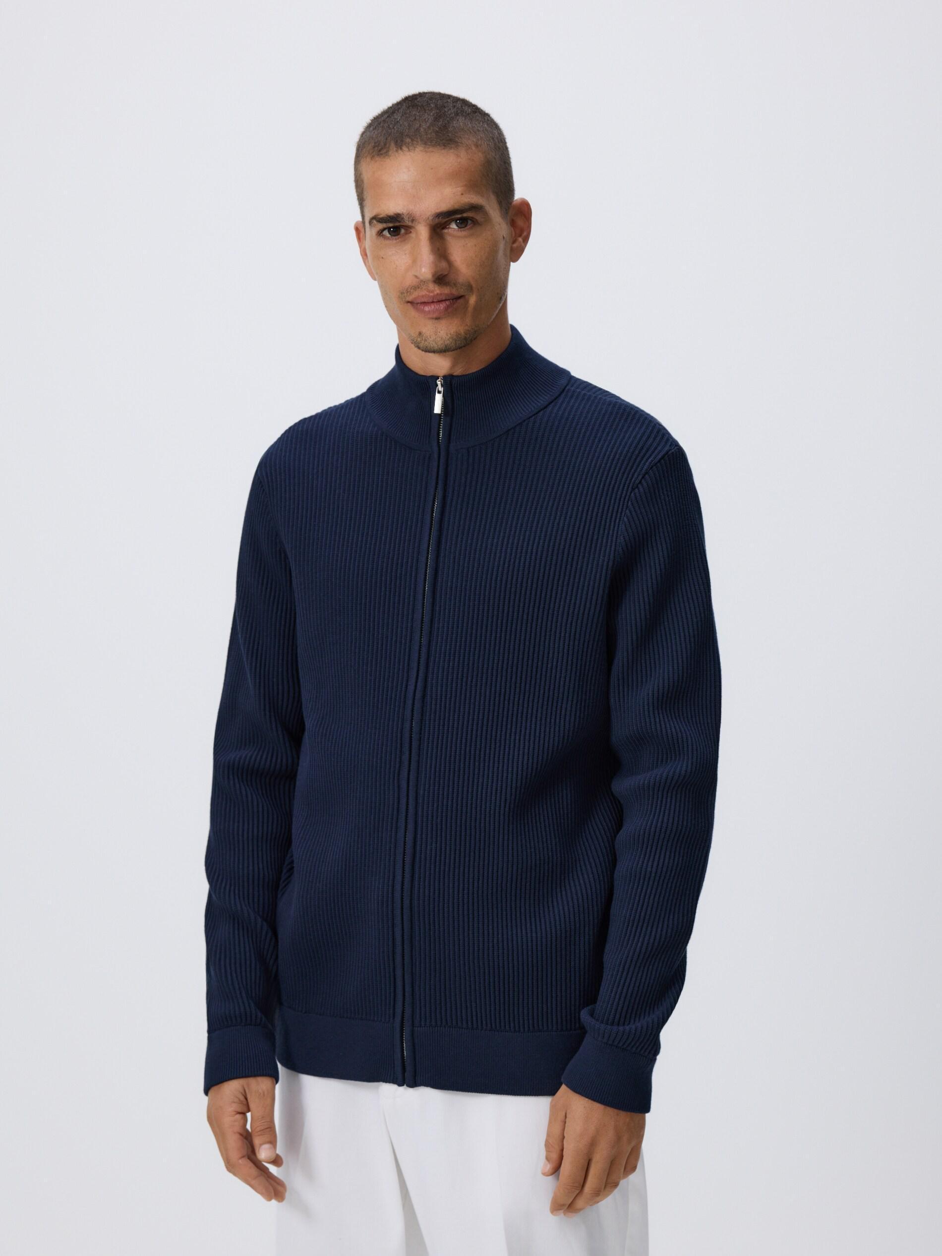 Navy Zip Up Jumper With Stand Up Collar, Navy, large image number 0