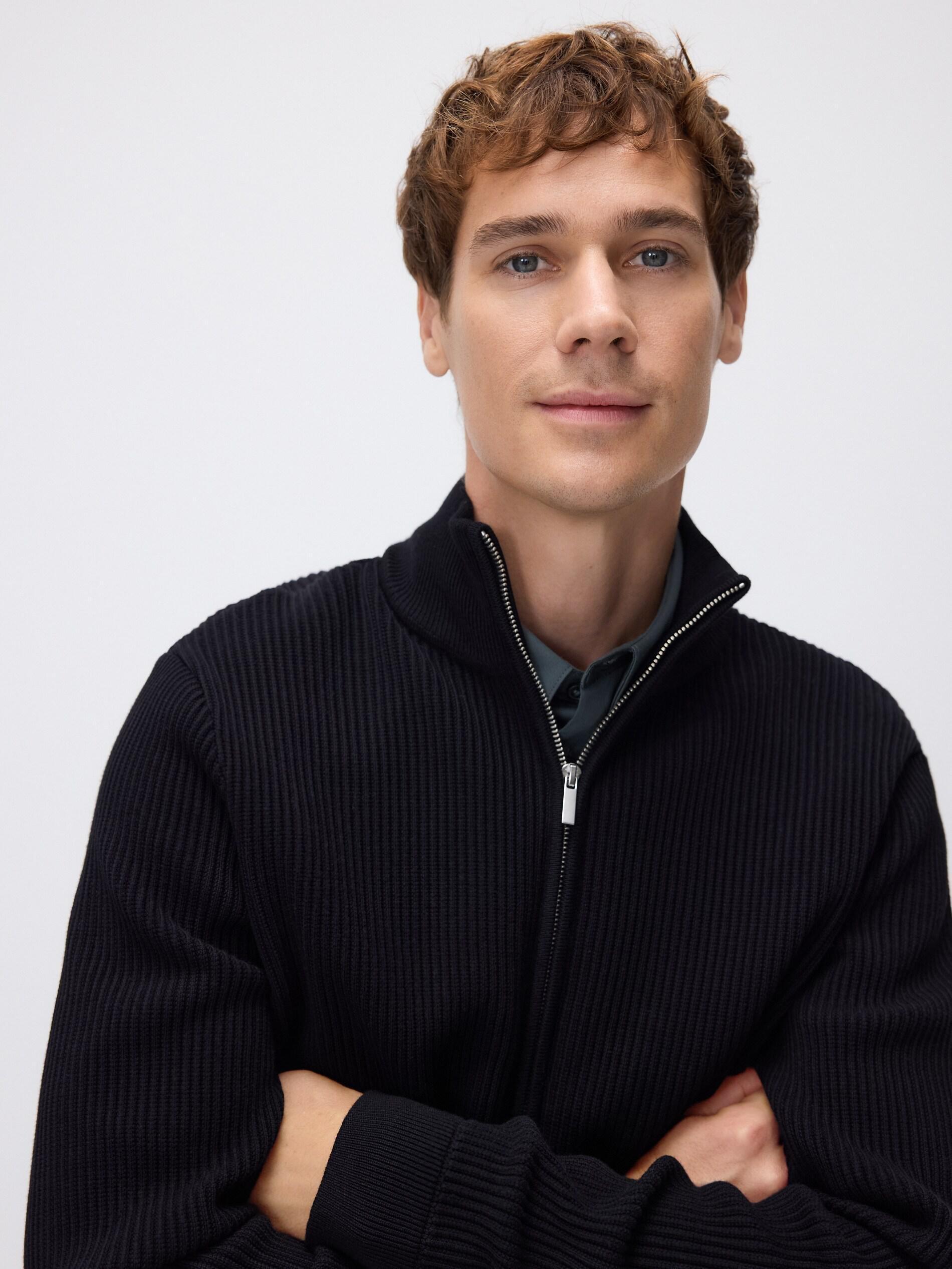 Black Zip Up Jumper With Stand Up Collar, Black, large image number 0