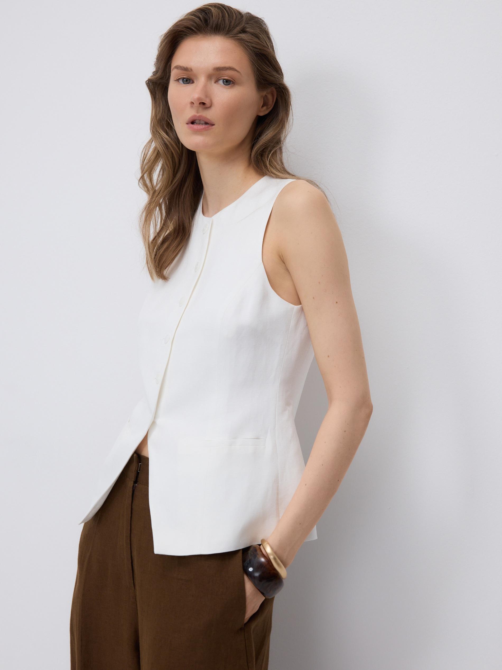 White Suit Vest With Linen, White, large image number 0