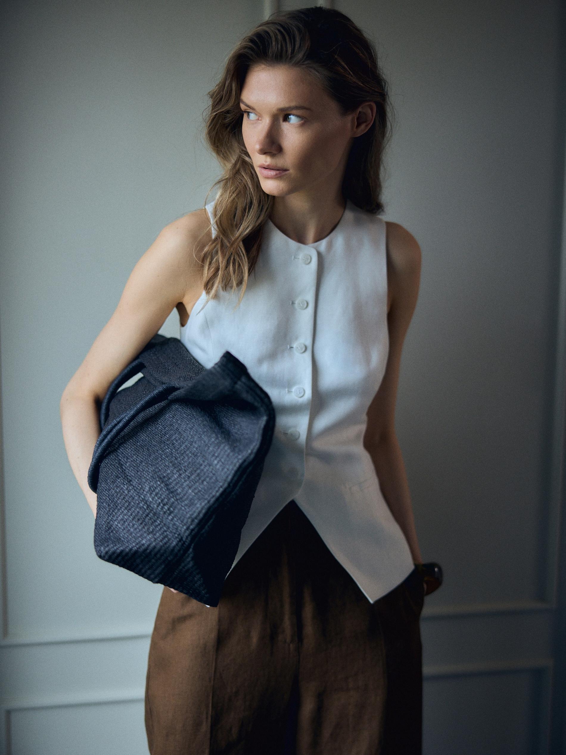 White Suit Vest With Linen, White, large image number 6