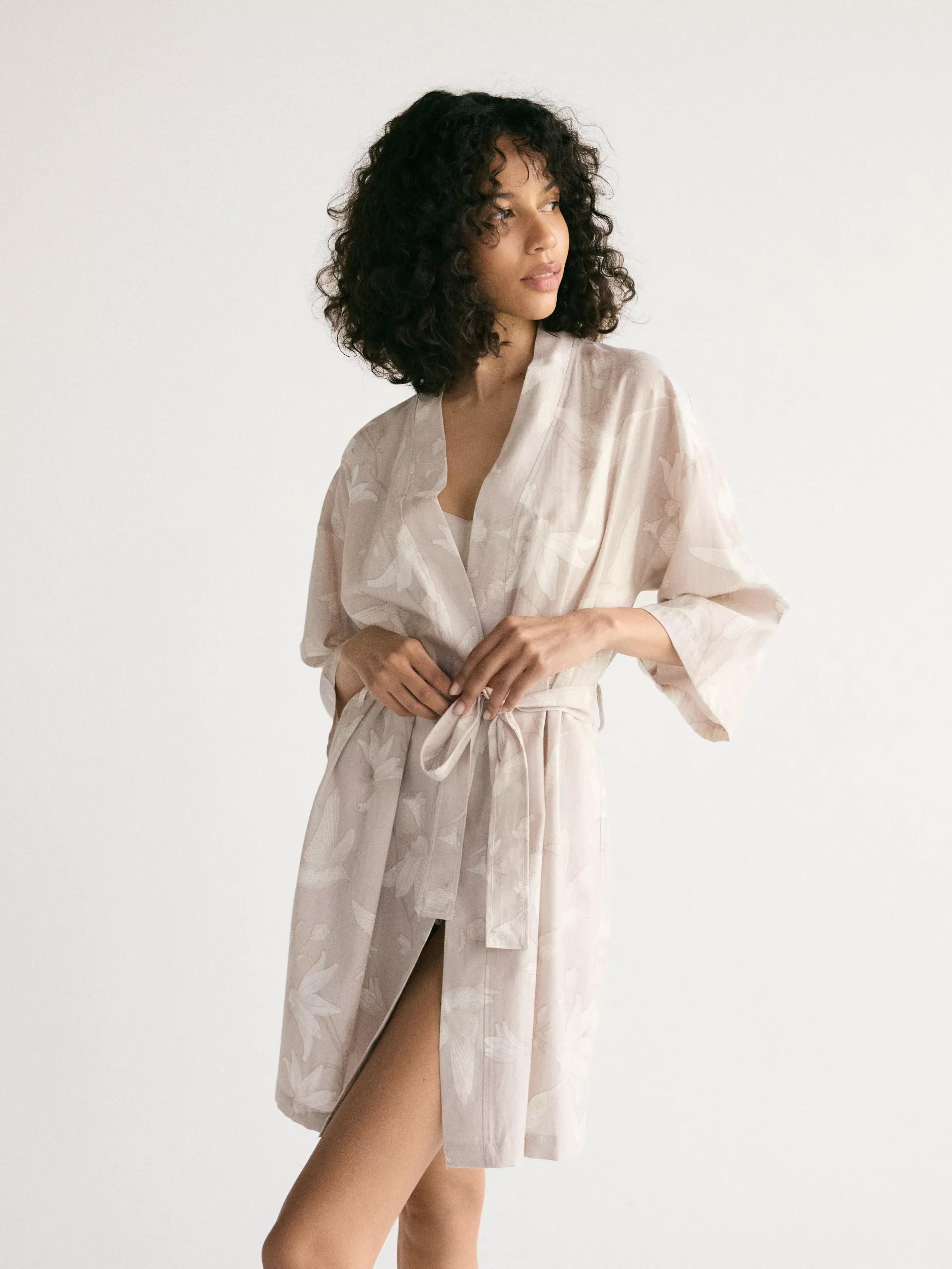 BEIGE Patterned dressing gown with belt, Beige, medium