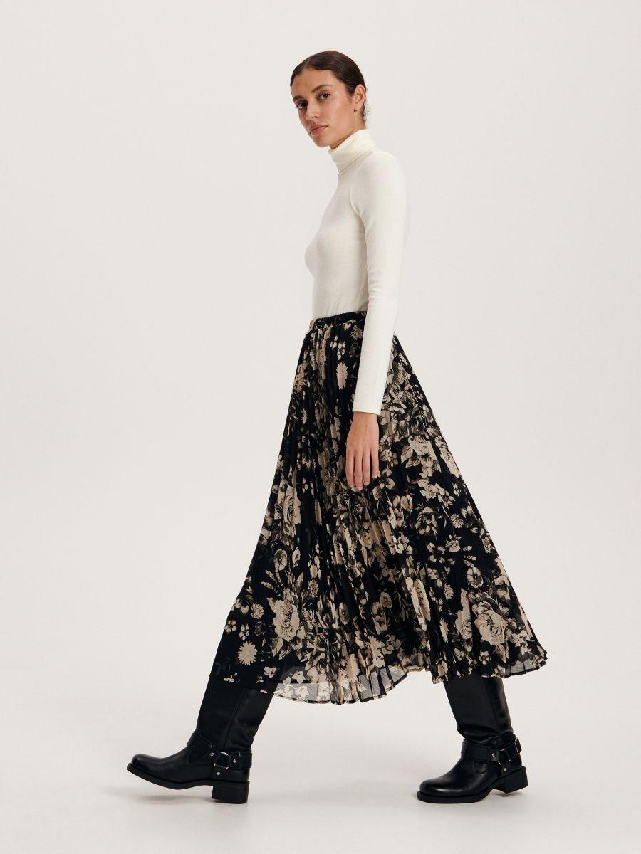 Beige Pleated Floral Skirt, , large image number 2