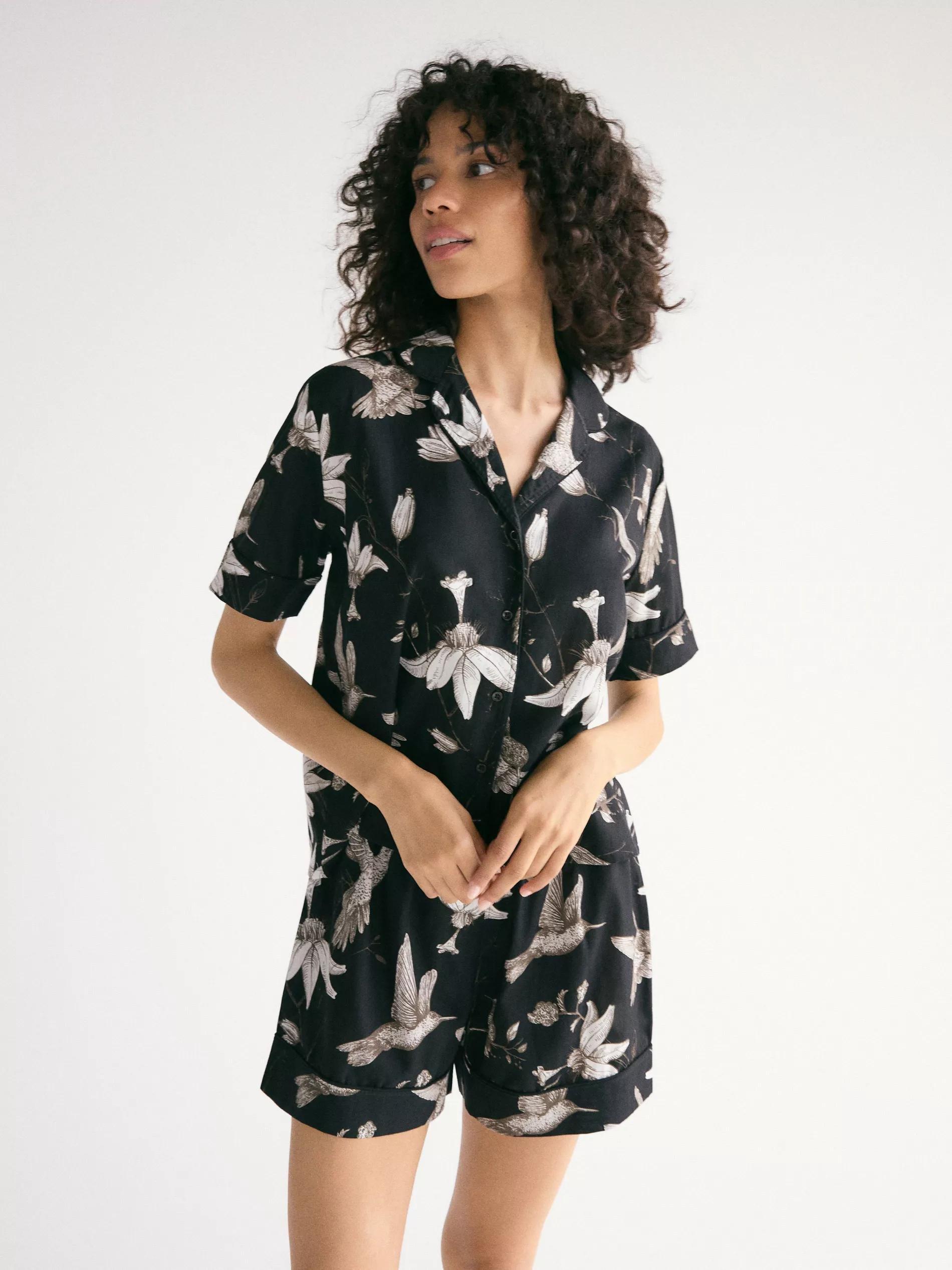 Black Two Piece Printed Pyjama Set, Black, large image number 0