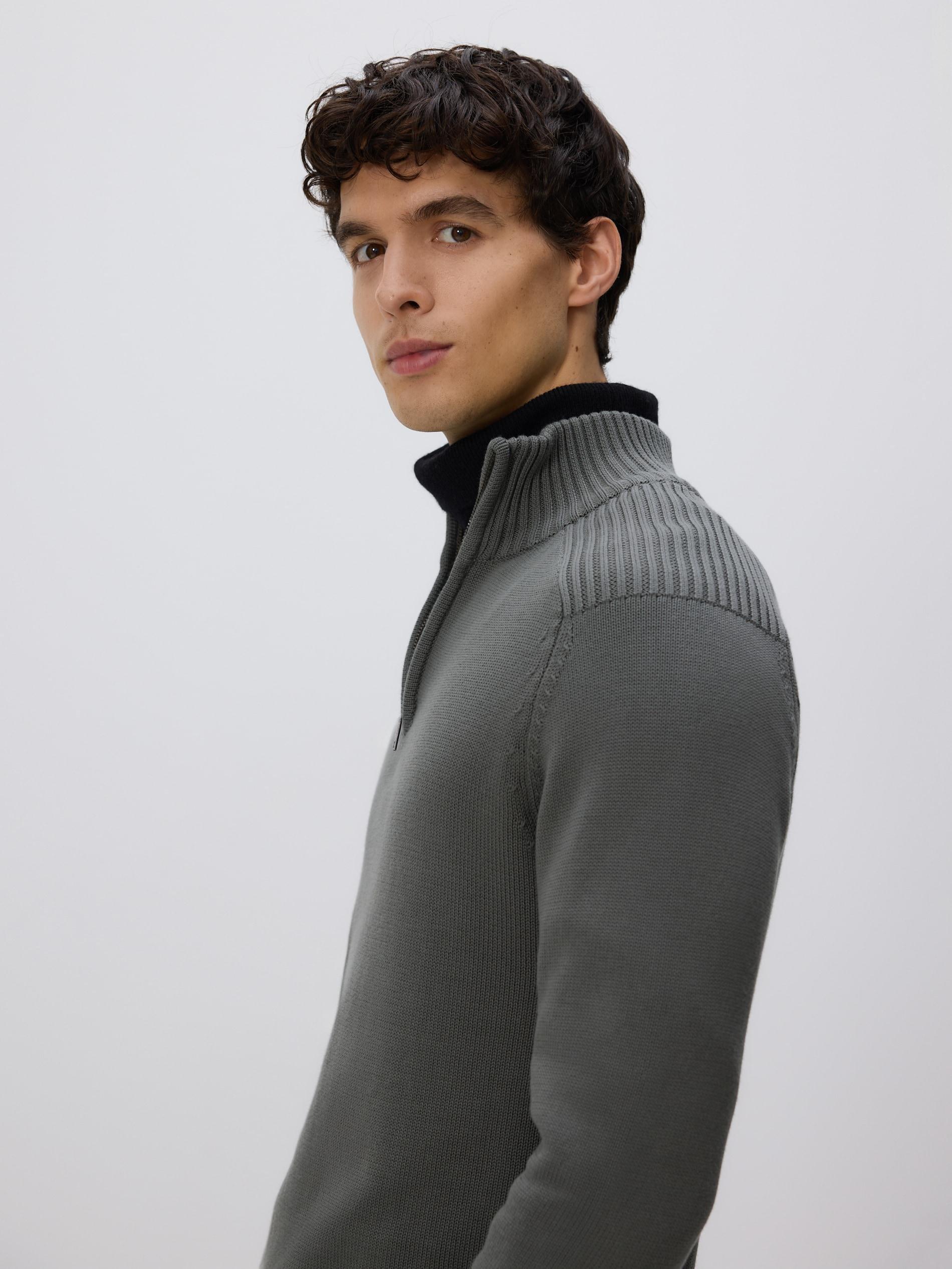 Green Zipped Turtle-Neck Sweater, Khaki, large image number 1