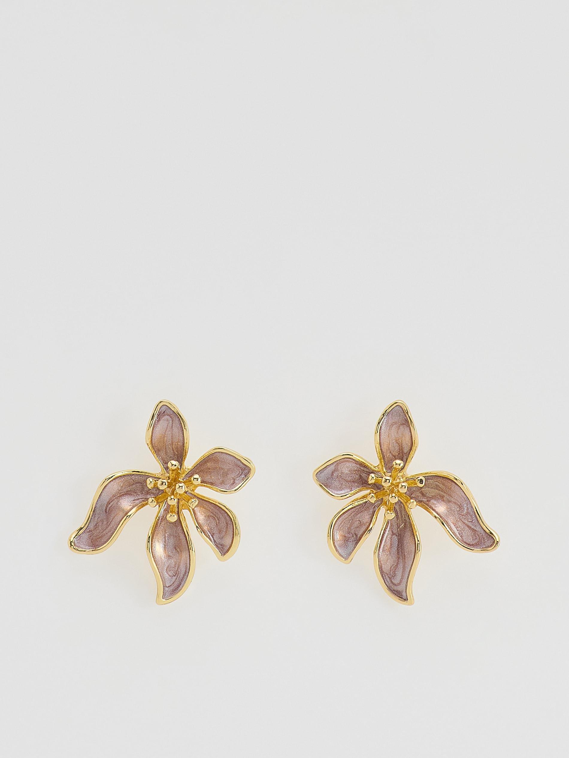 Brown Flower-Shaped Earrings, Brown, large image number 1