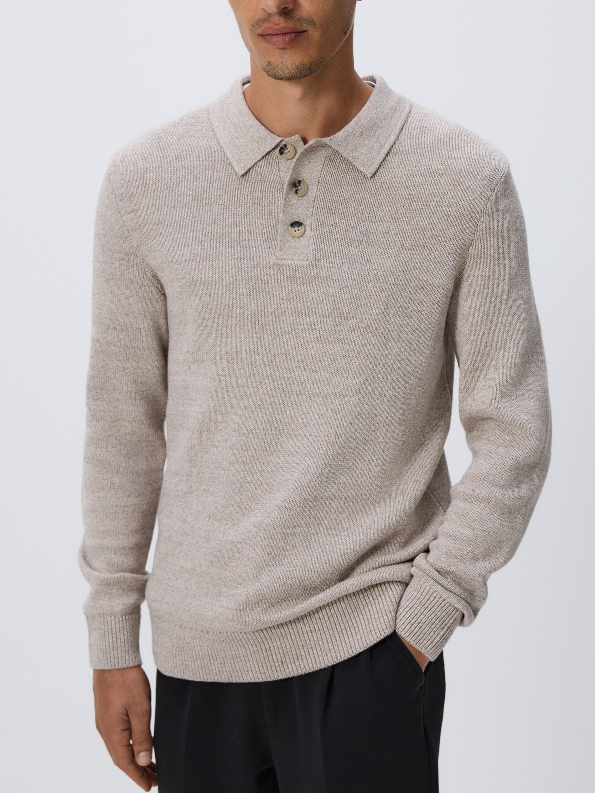 Beige Cotton Rich Polo Jumper, Beige, large image number 0