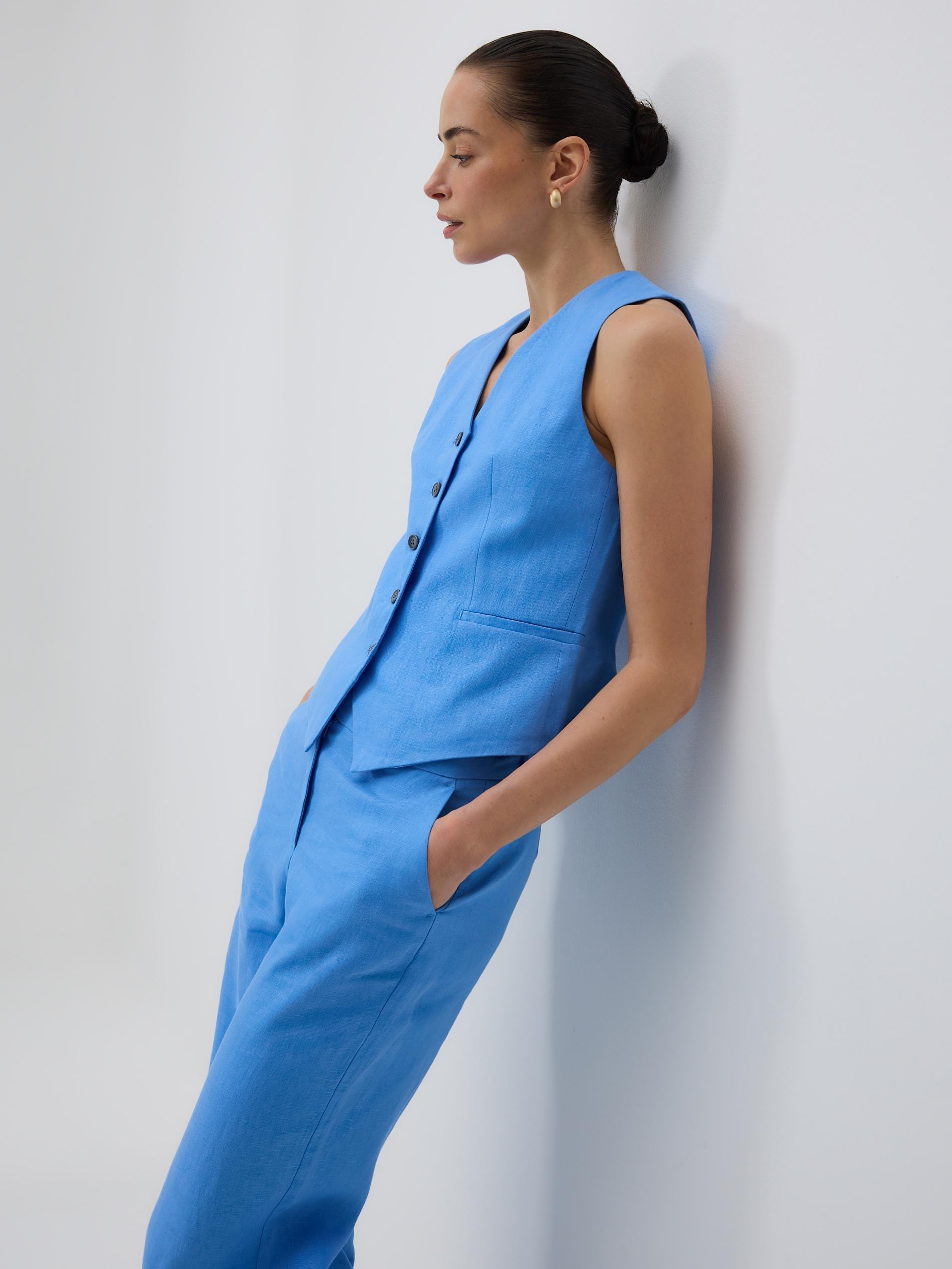 Blue Linen Suit Vest, Blue, large image number 1