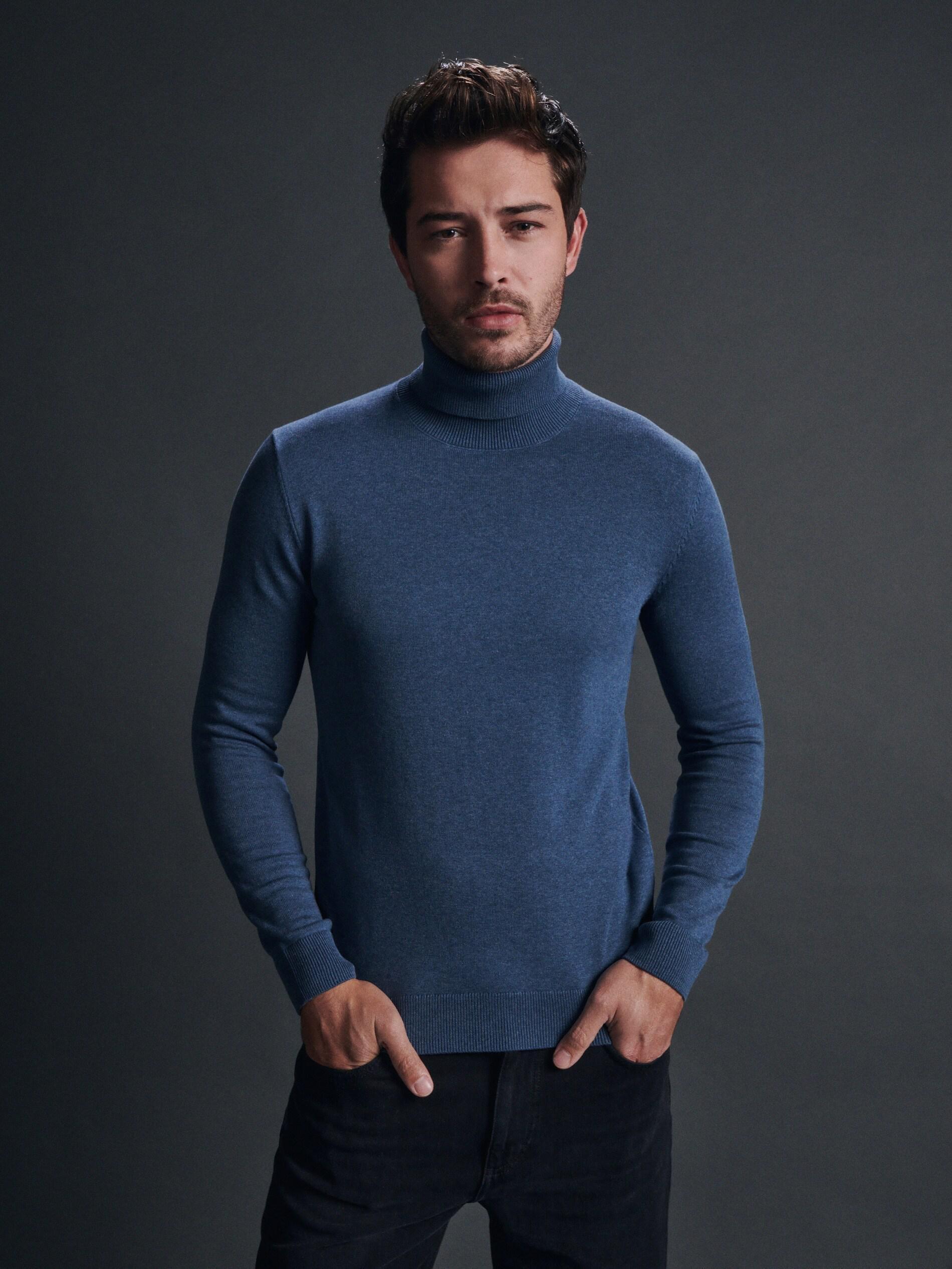 Blue Plain Cotton Turtleneck, , large image number 0