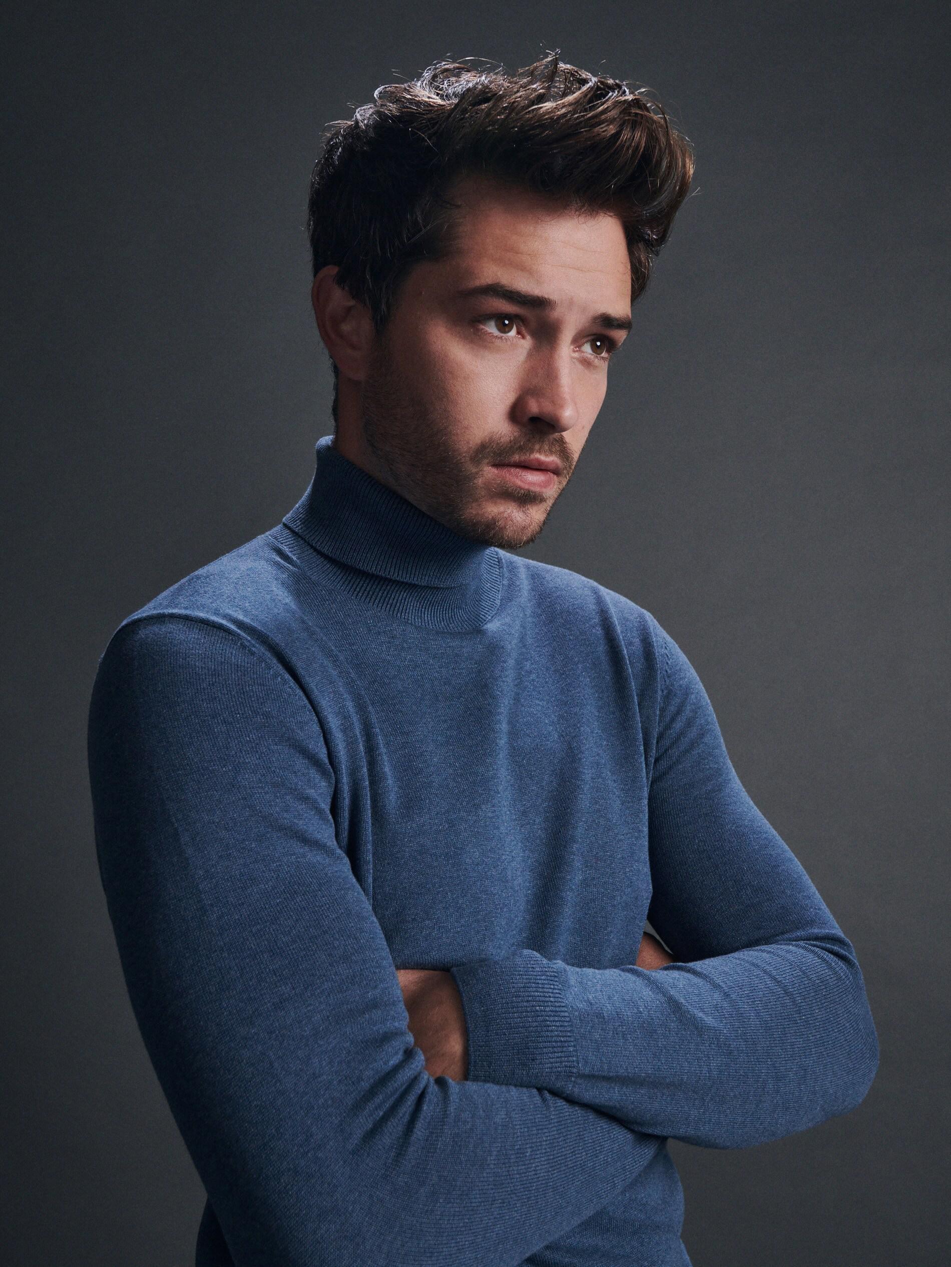Blue Plain Cotton Turtleneck, , large image number 2