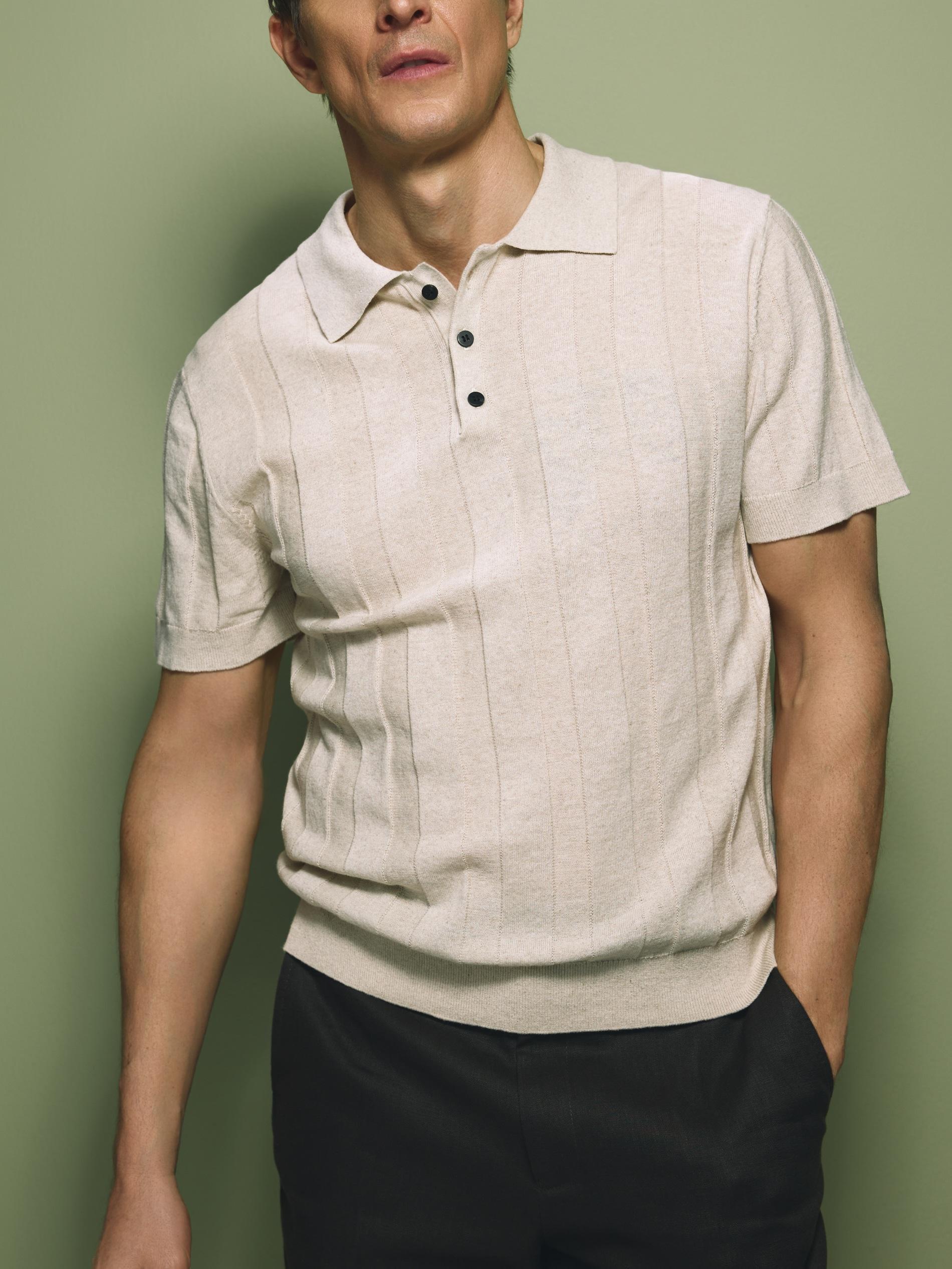 Beige Linen Polo Shirt, Beige, large image number 1