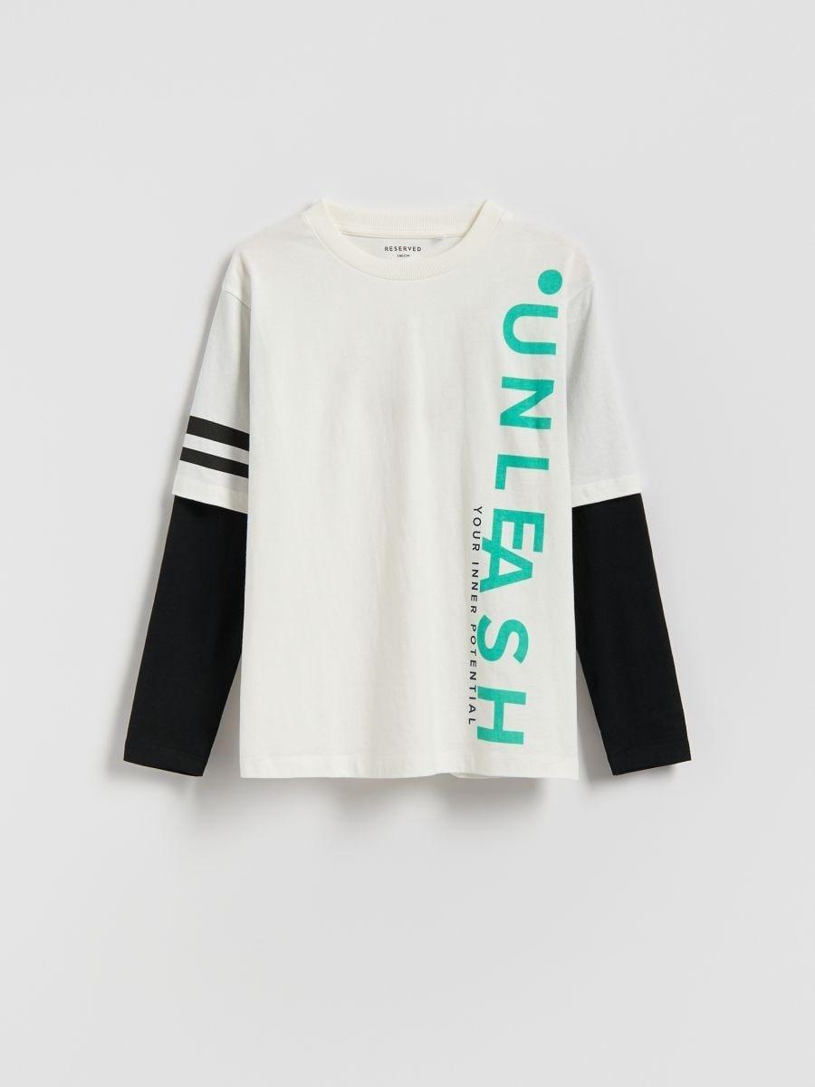 Cream Printed Cotton Long Sleeve T-Shirt, Ivory, large image number 0