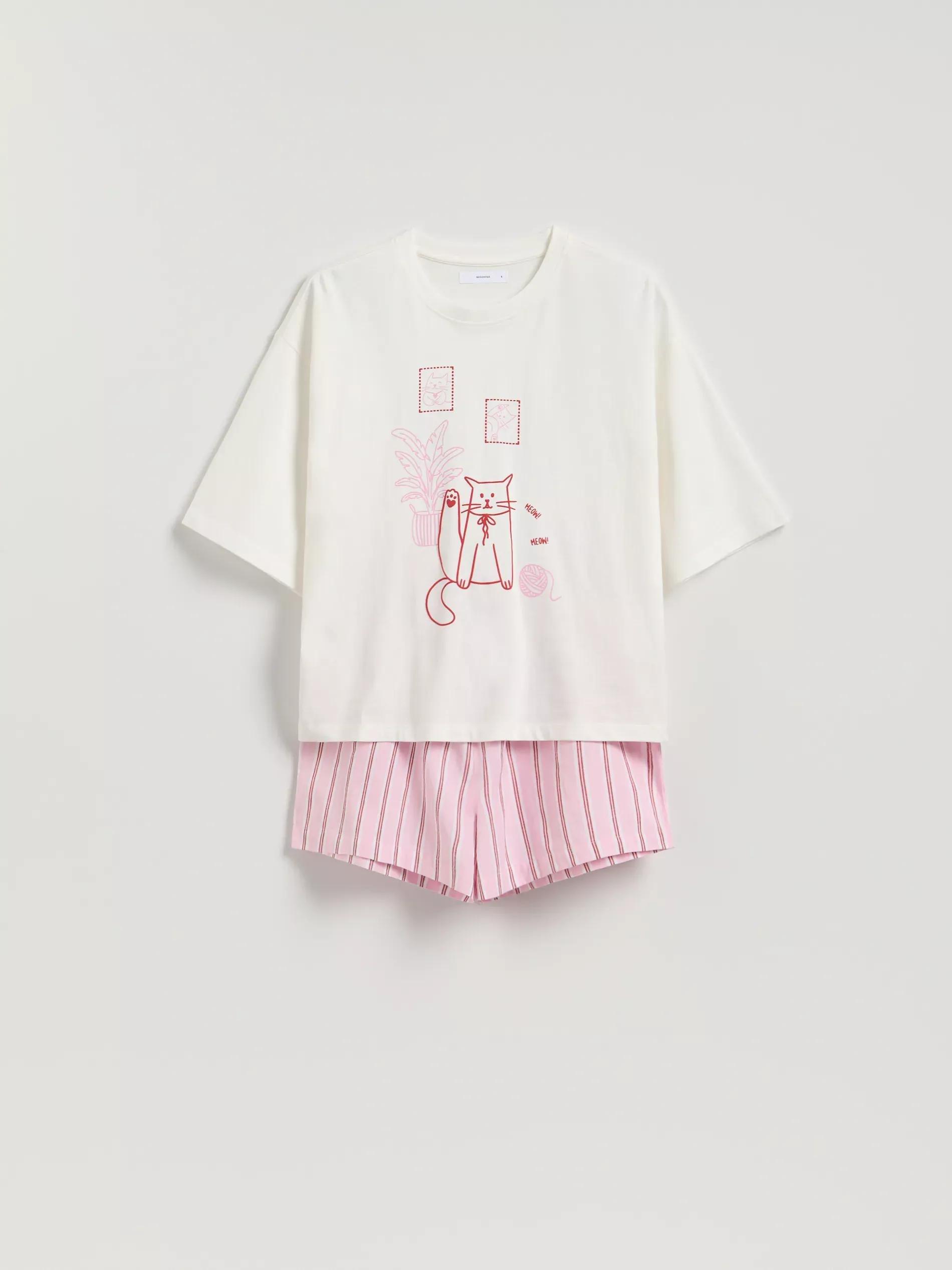 Pink Two Piece Pyjama Set With Cat Print, Pink, medium