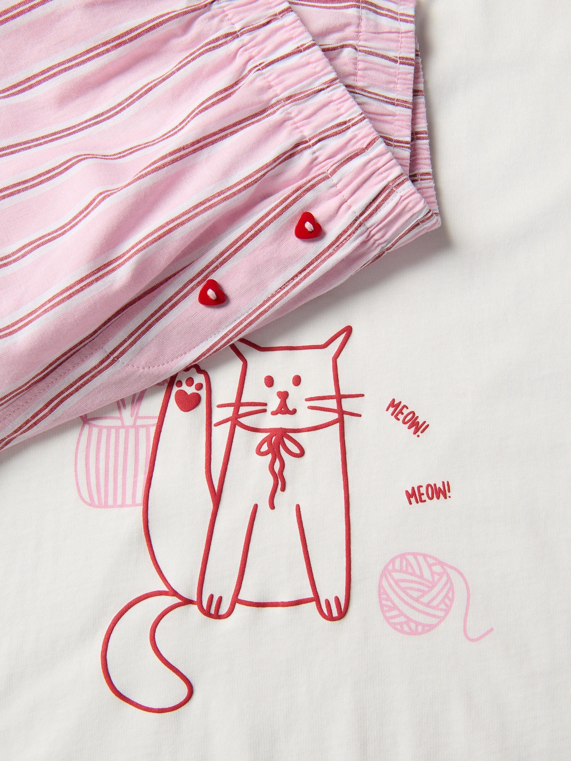 Pink Two Piece Pyjama Set With Cat Print, Pink, large image number 1