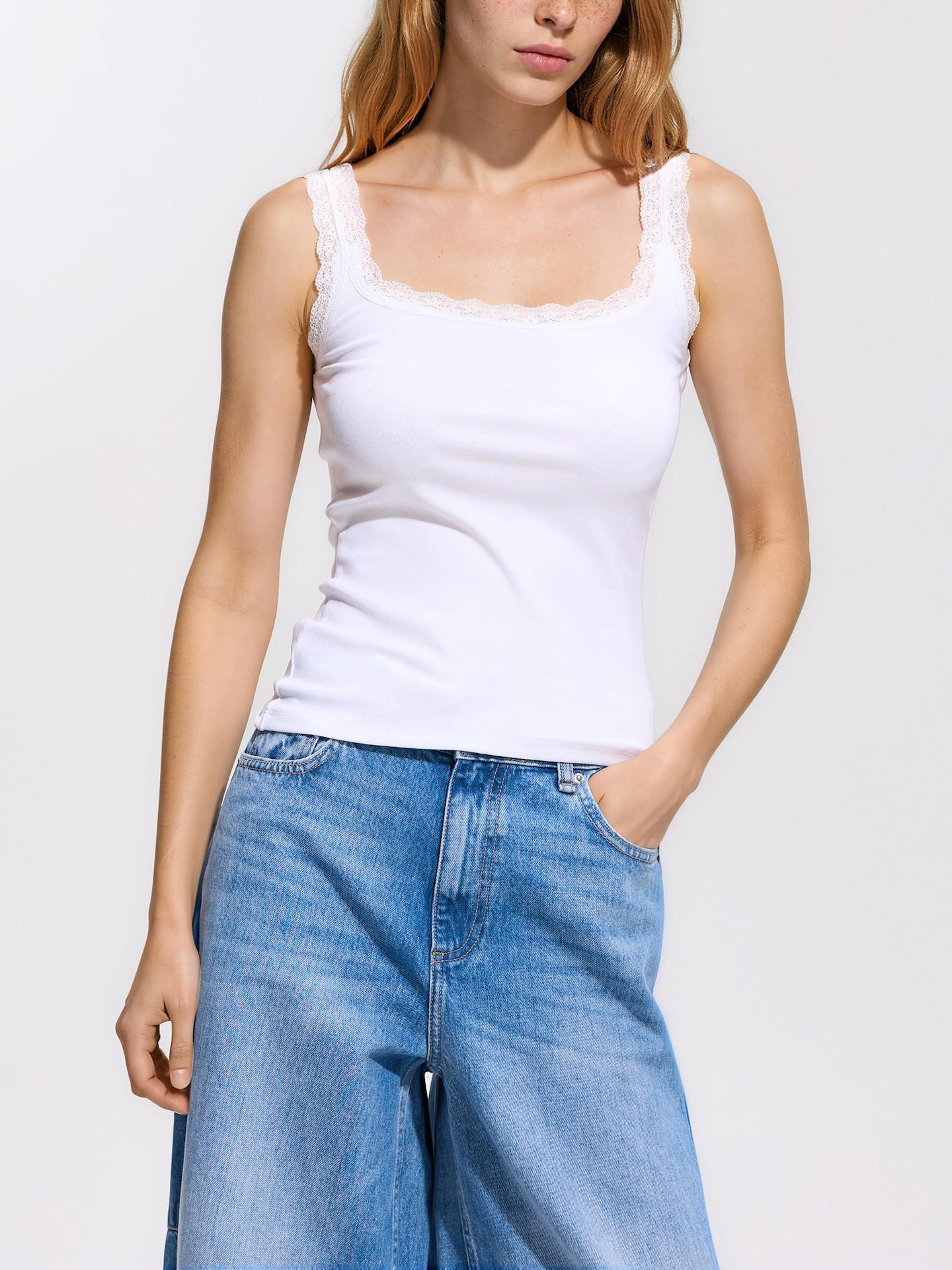 White Plain Top With Lace Trimming, White, medium