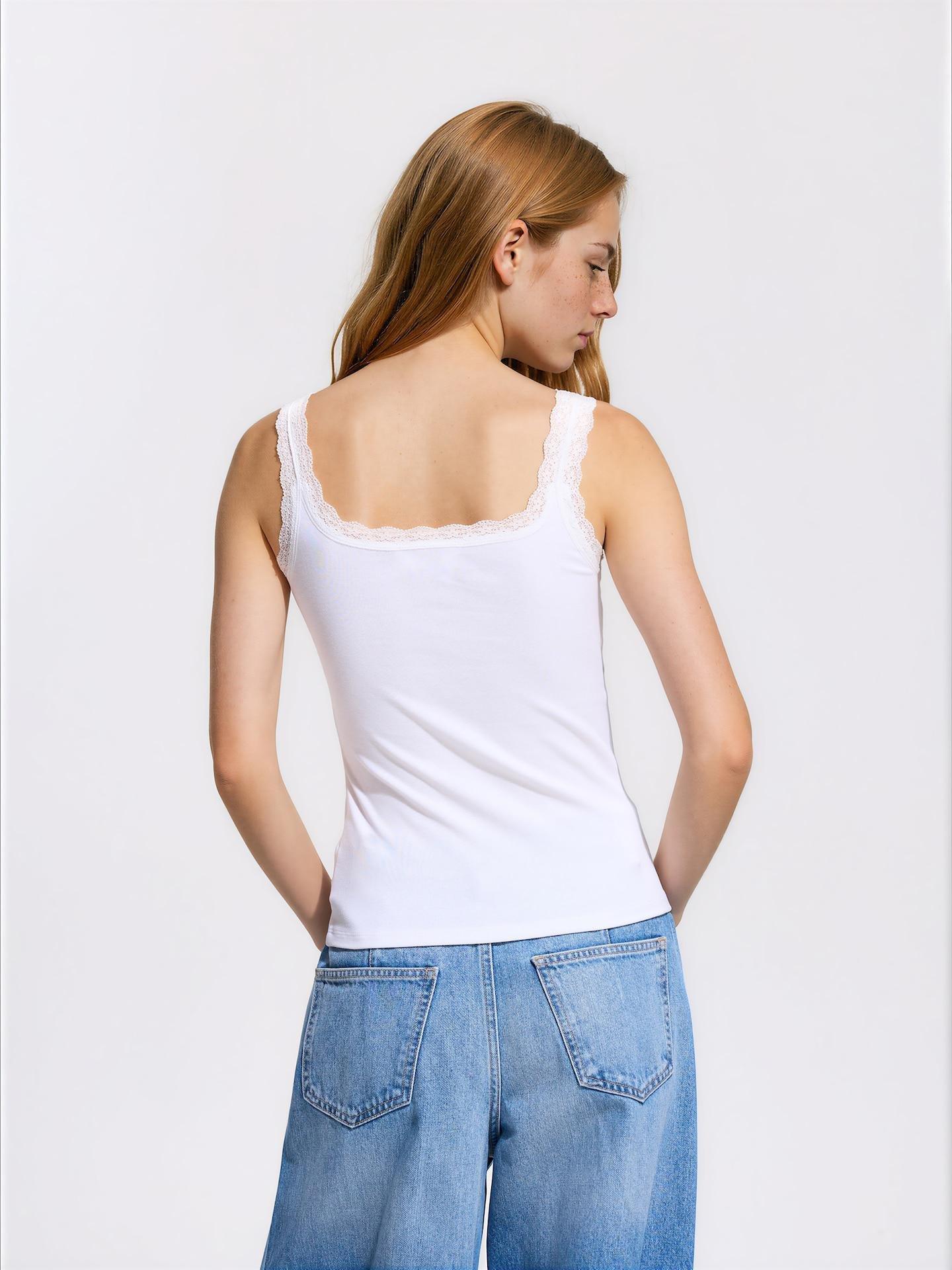 White Plain Top With Lace Trimming, White, large image number 2