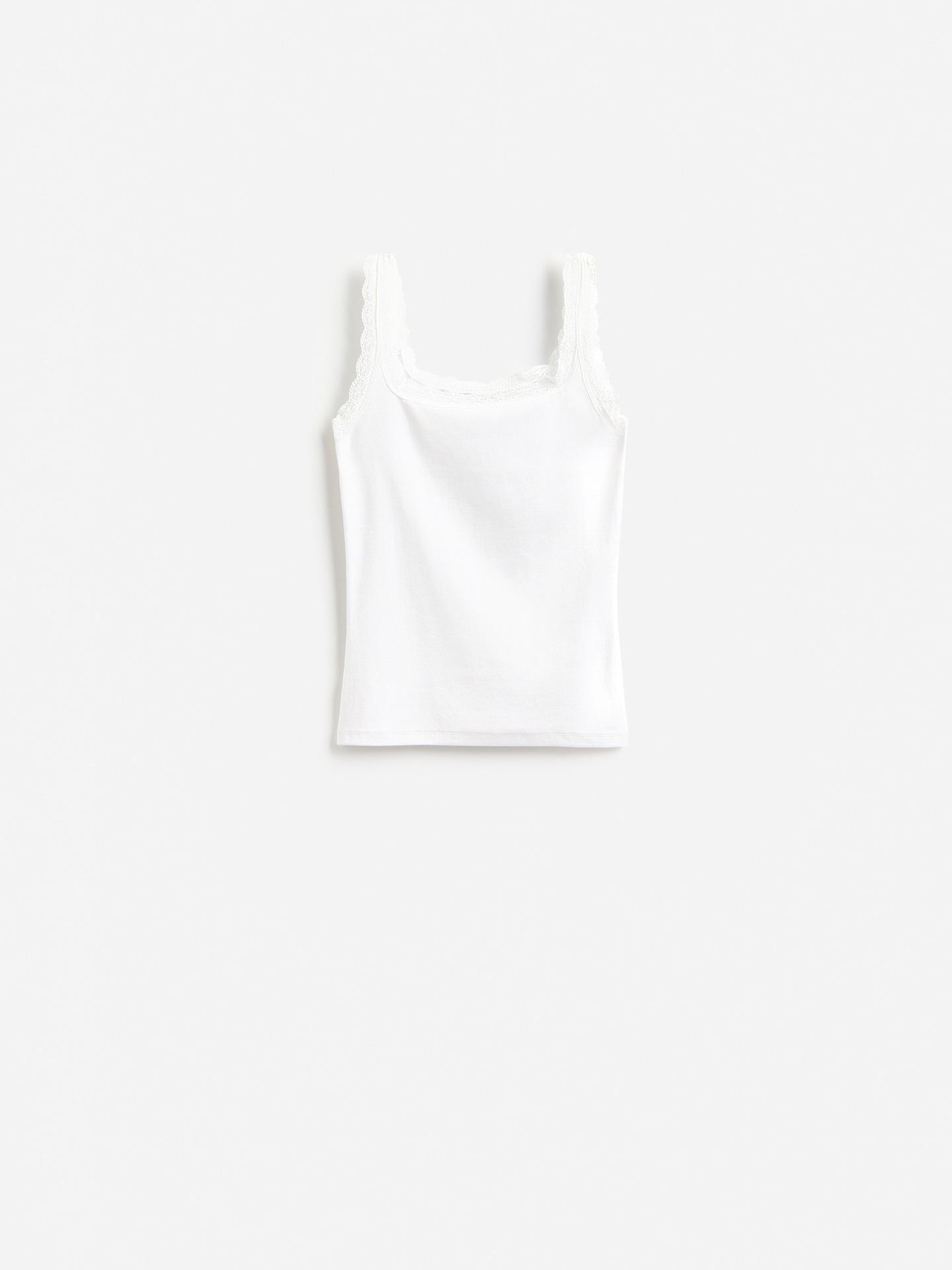 White Plain Top With Lace Trimming, White, large image number 3