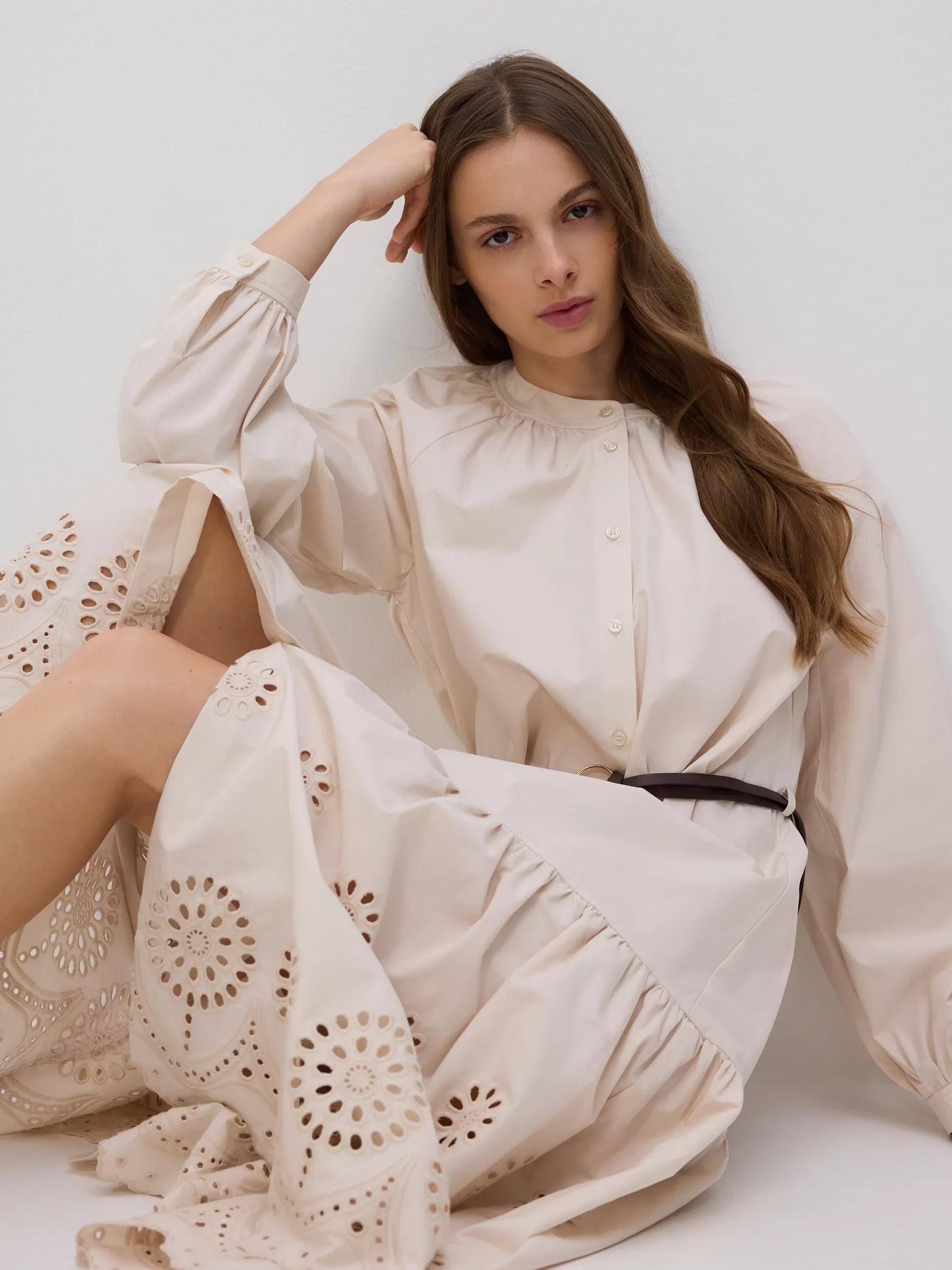 Cream Cotton Dress With Belt, Ivory, large image number 0