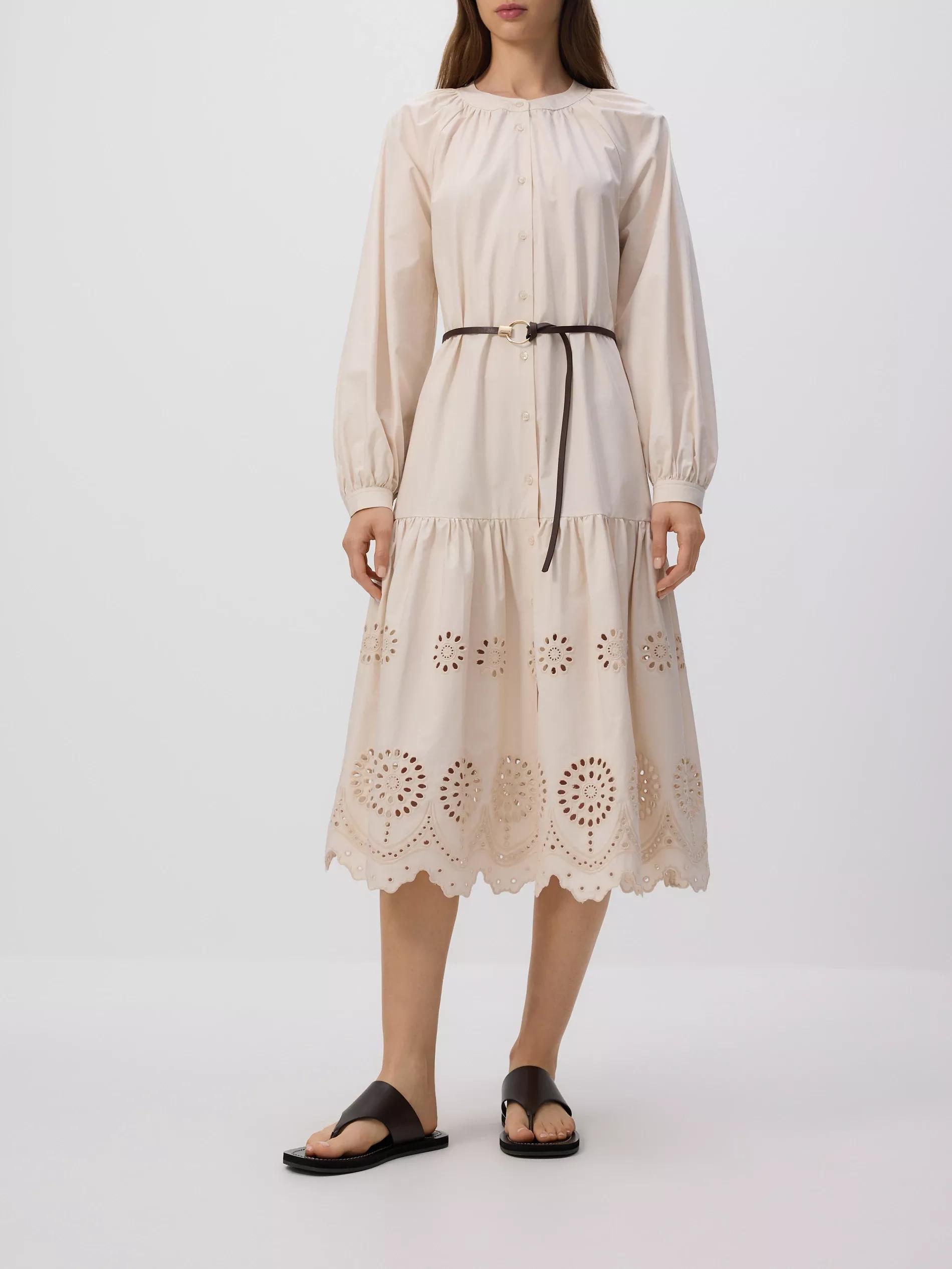 Cream Cotton Dress With Belt, Ivory, large image number 1