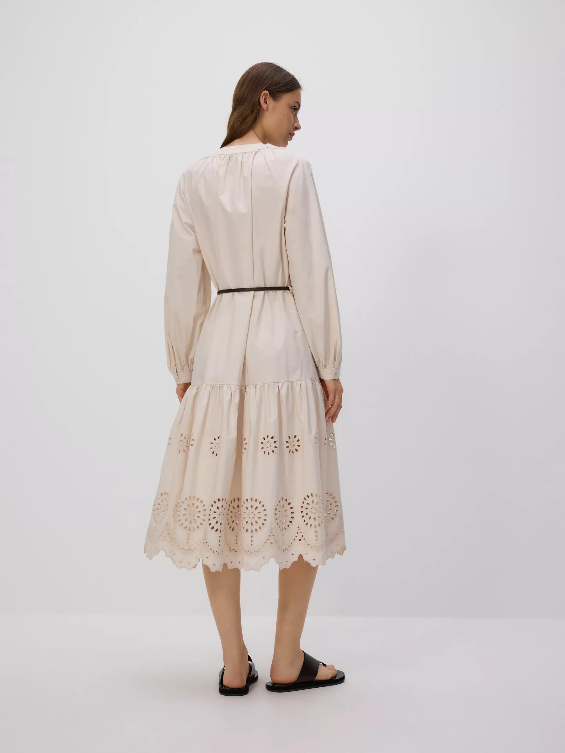Cream Cotton Dress With Belt, Ivory, large image number 3