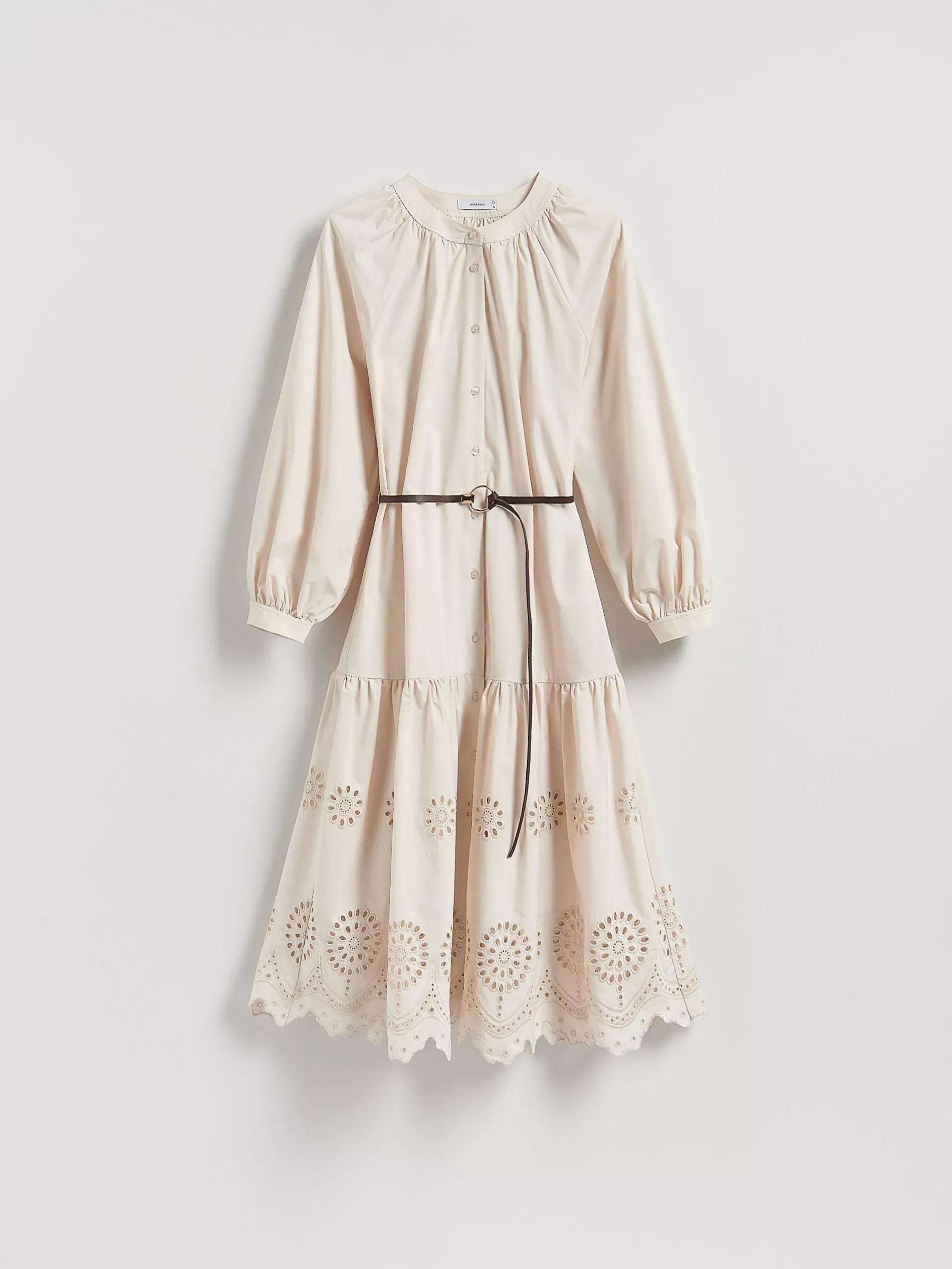 Cream Cotton Dress With Belt, Ivory, large image number 4