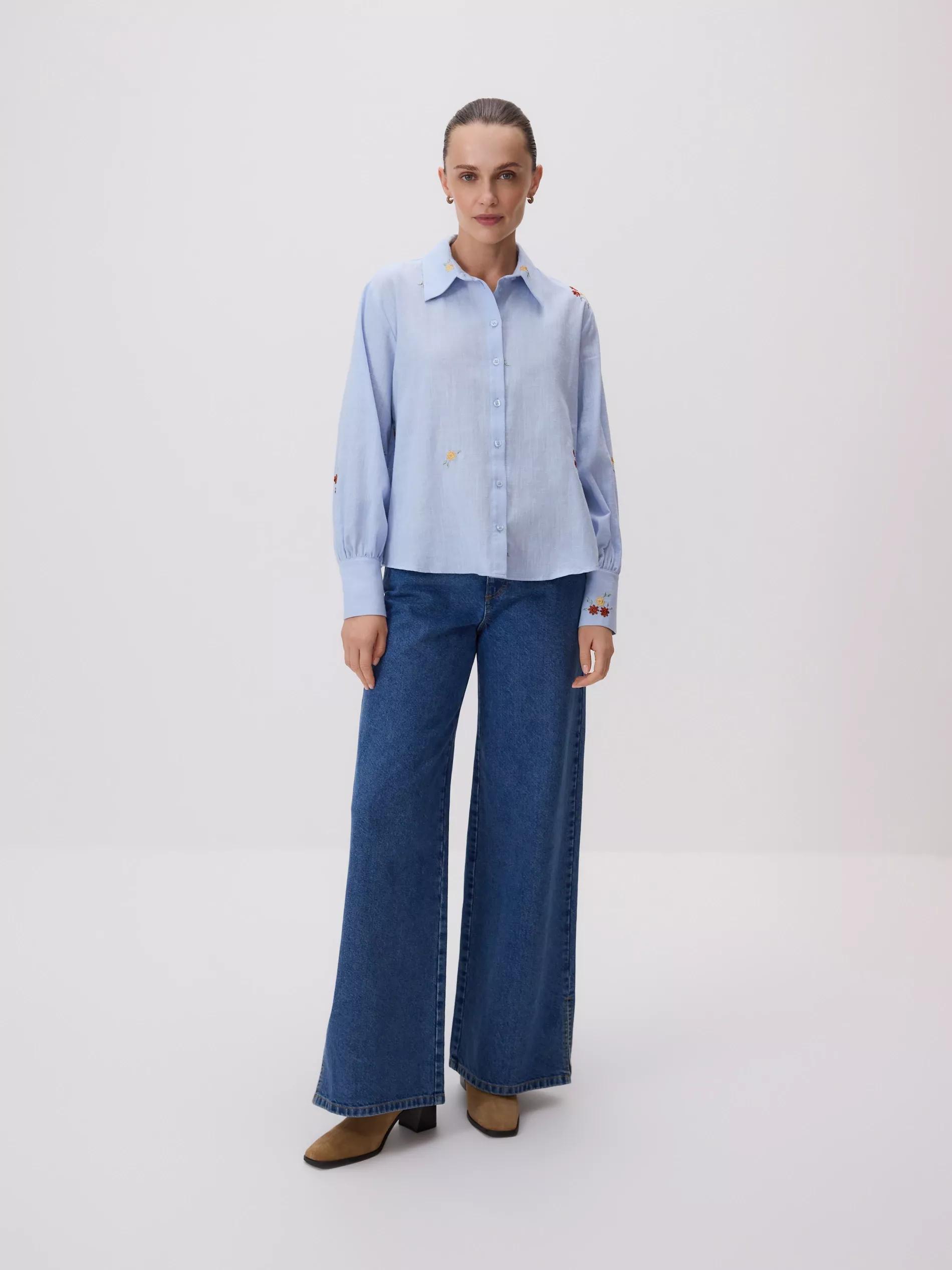 Blue Shirt With Embroidered Pattern, Blue, large image number 1