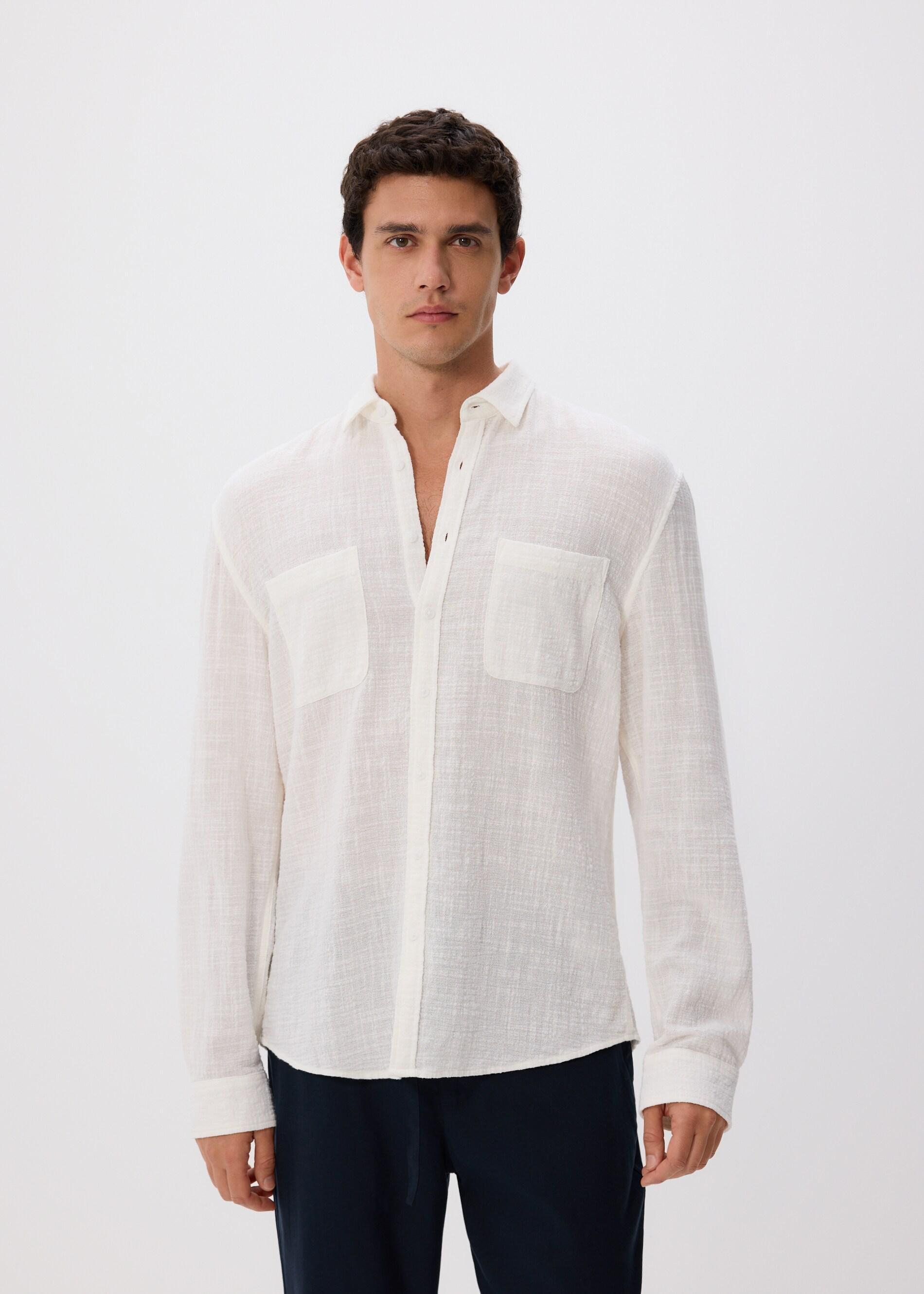 Cream Structural Fabric Regular Fit Shirt, Ivory, large image number 1