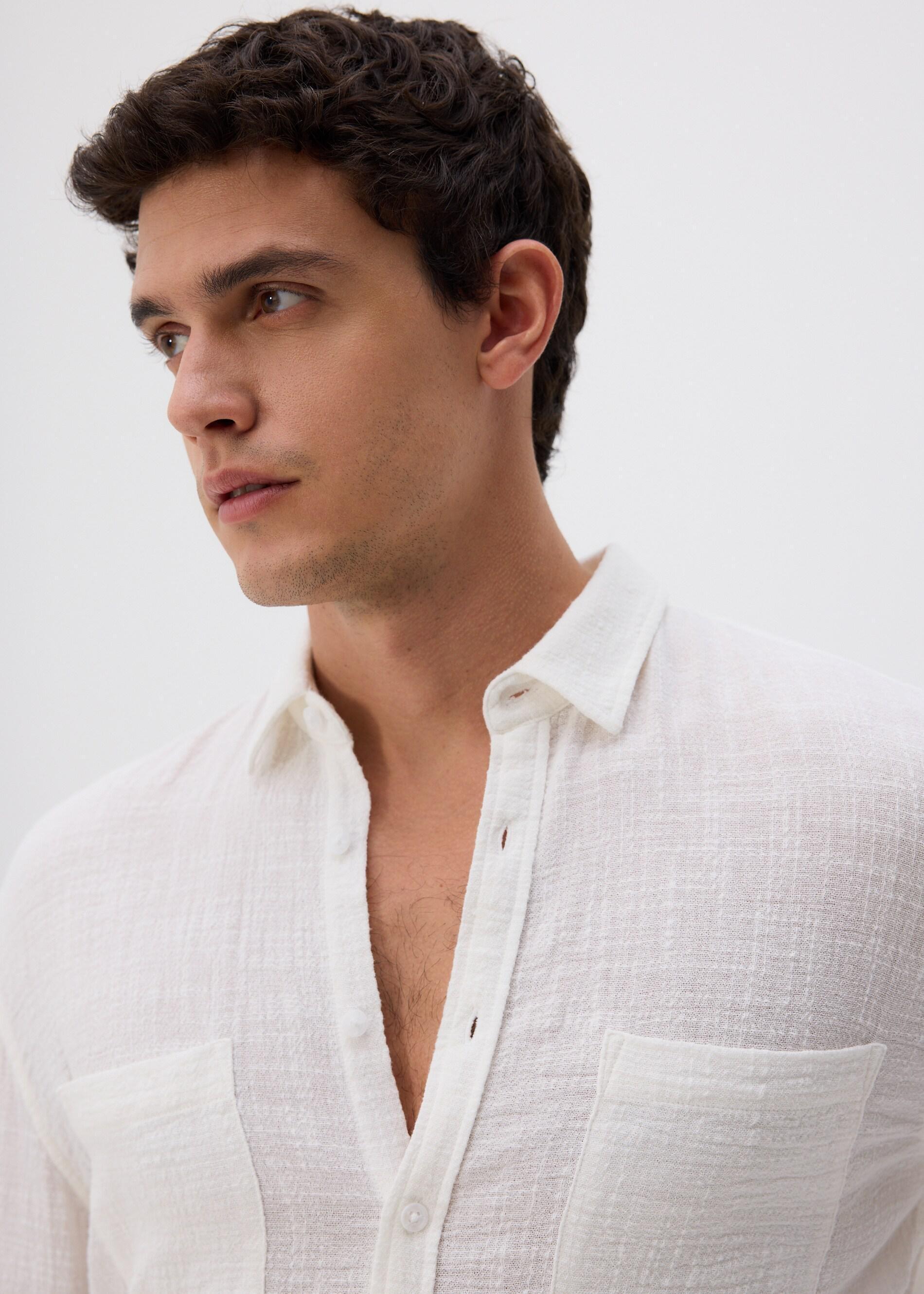 Cream Structural Fabric Regular Fit Shirt, Ivory, large image number 4