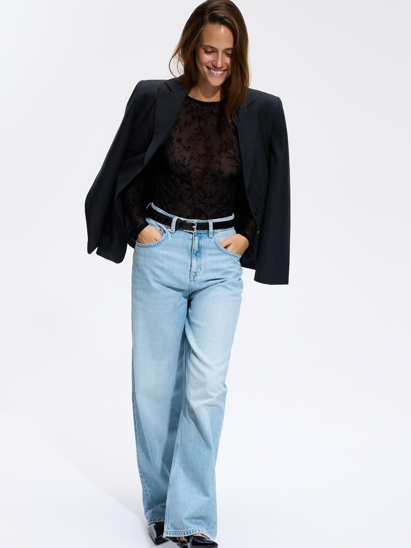 Black Mesh Jersey Long Sleeve Top, Black, medium