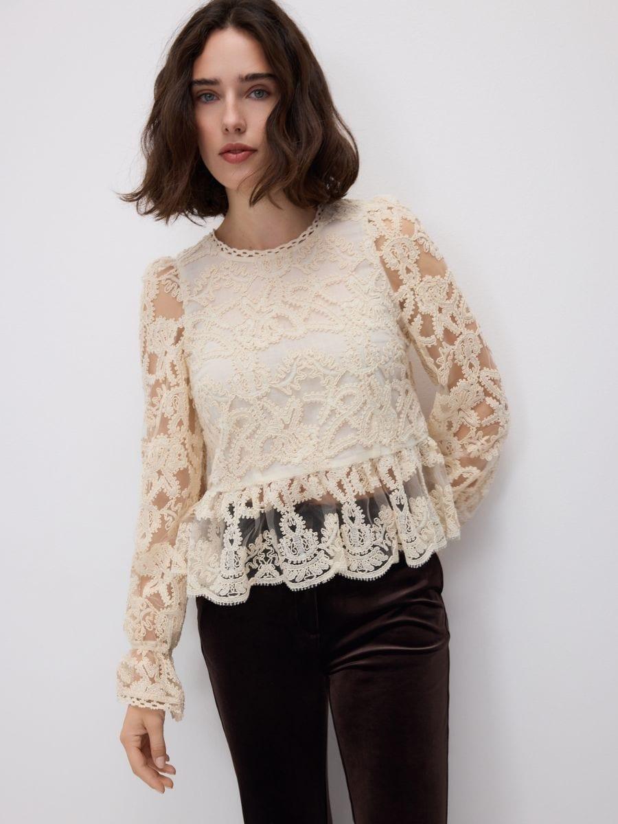 Cream Blouse With Embroidery Detailing, Ivory, large image number 1