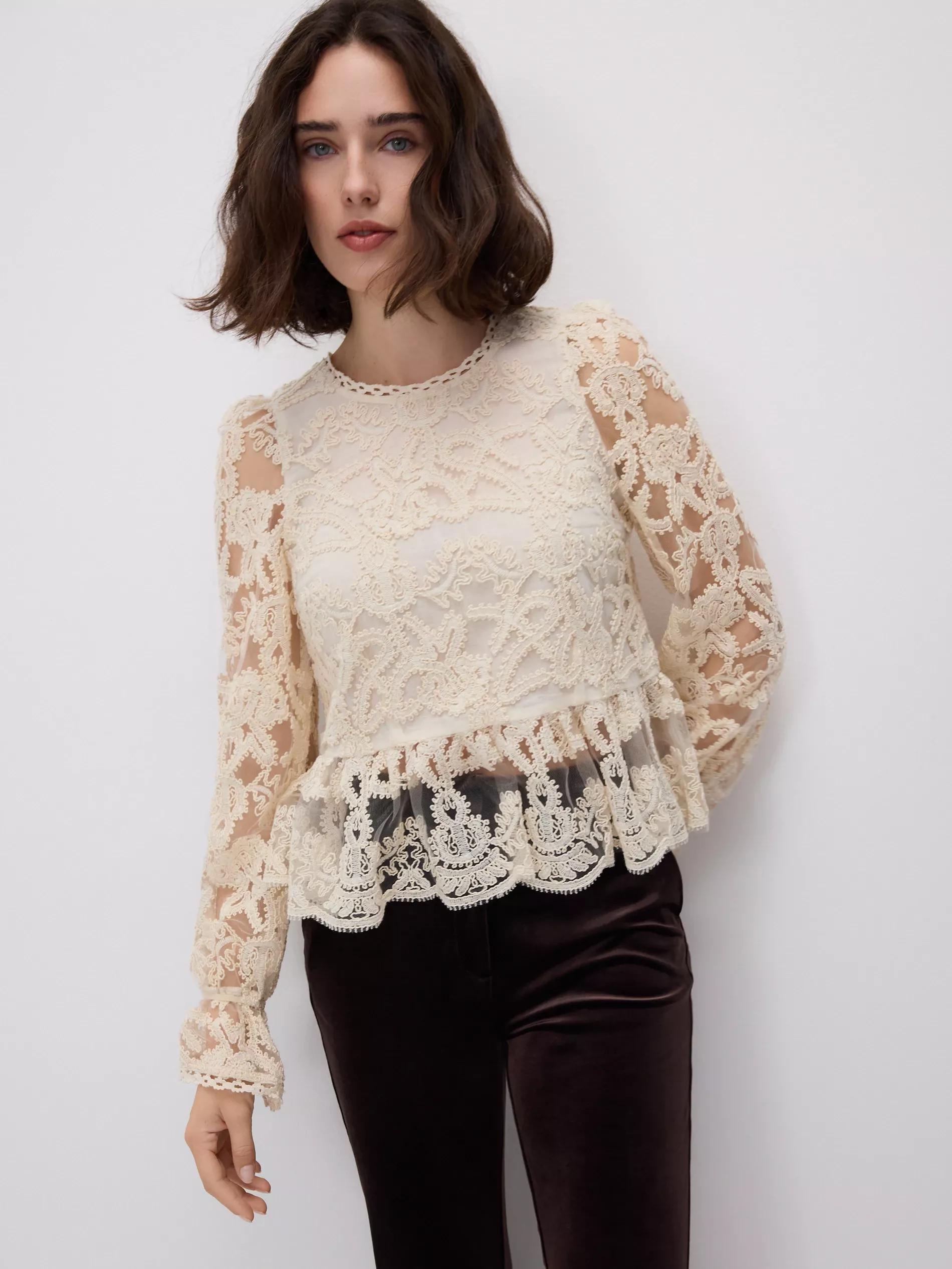 Cream Blouse With Embroidery Detailing, Ivory, medium