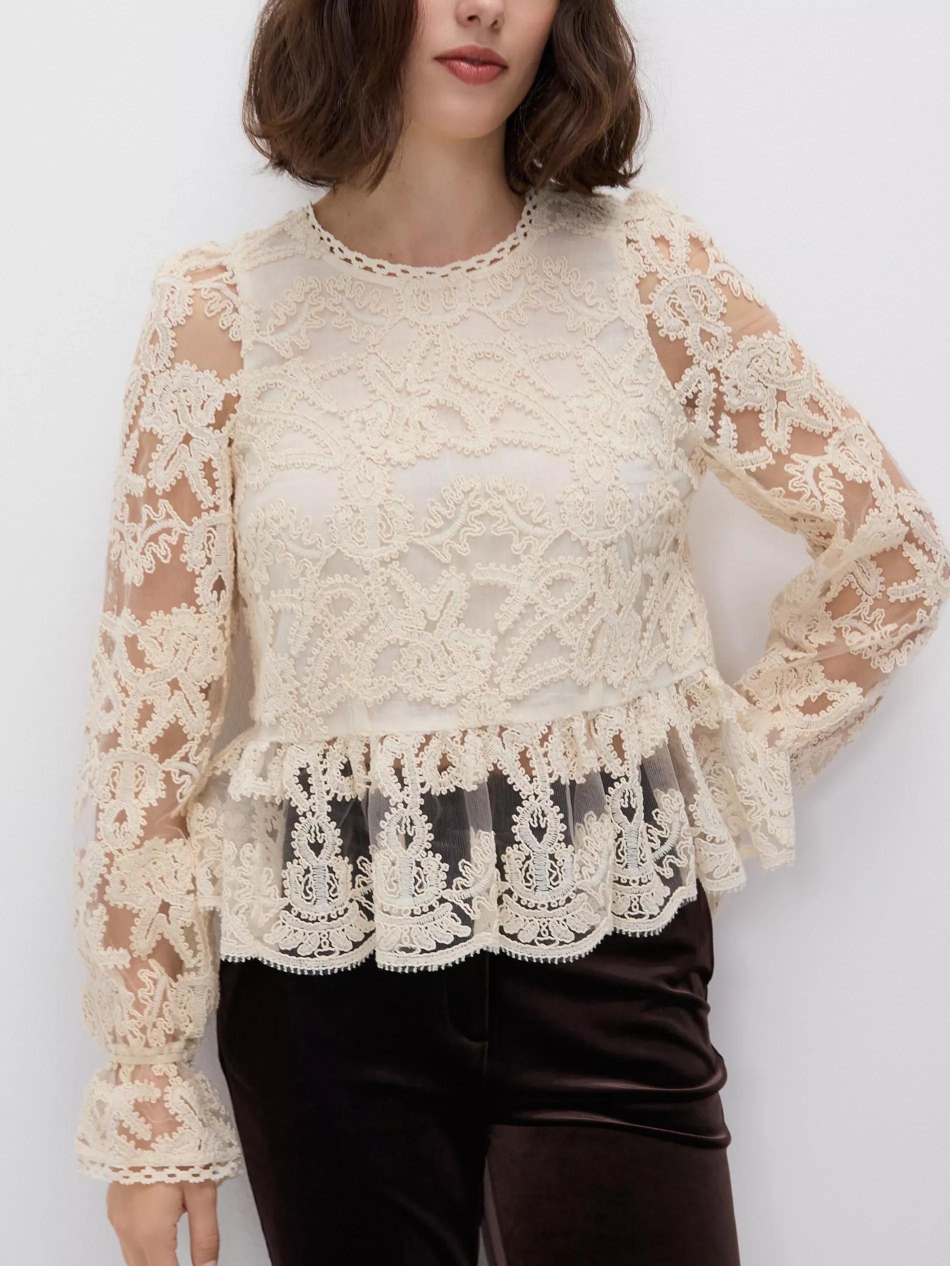 Cream Blouse With Embroidery Detailing, Ivory, medium
