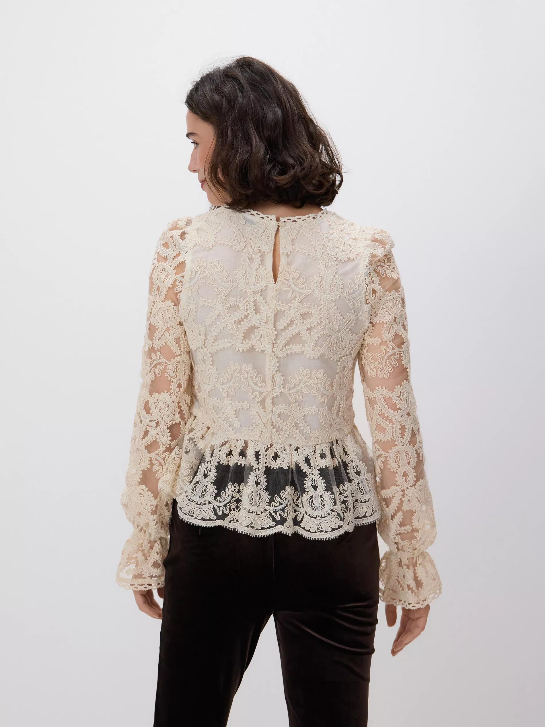 Cream Blouse With Embroidery Detailing, Ivory, large image number 3
