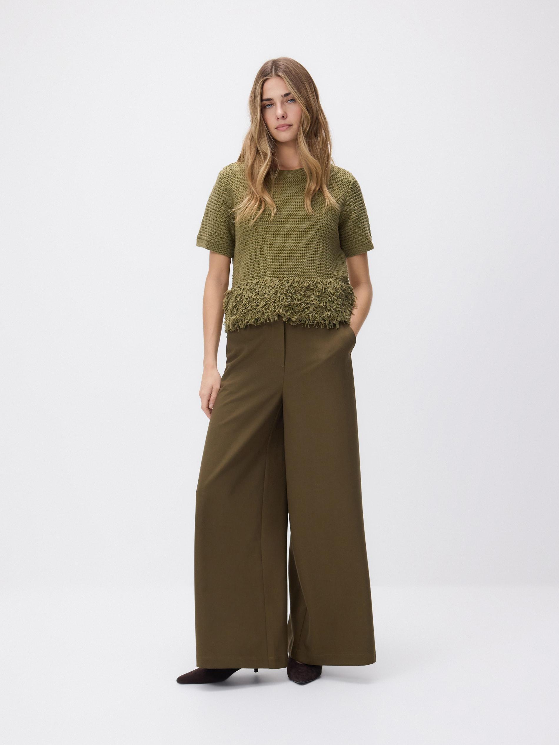 Green Wide Leg Trousers, Khaki, large image number 0