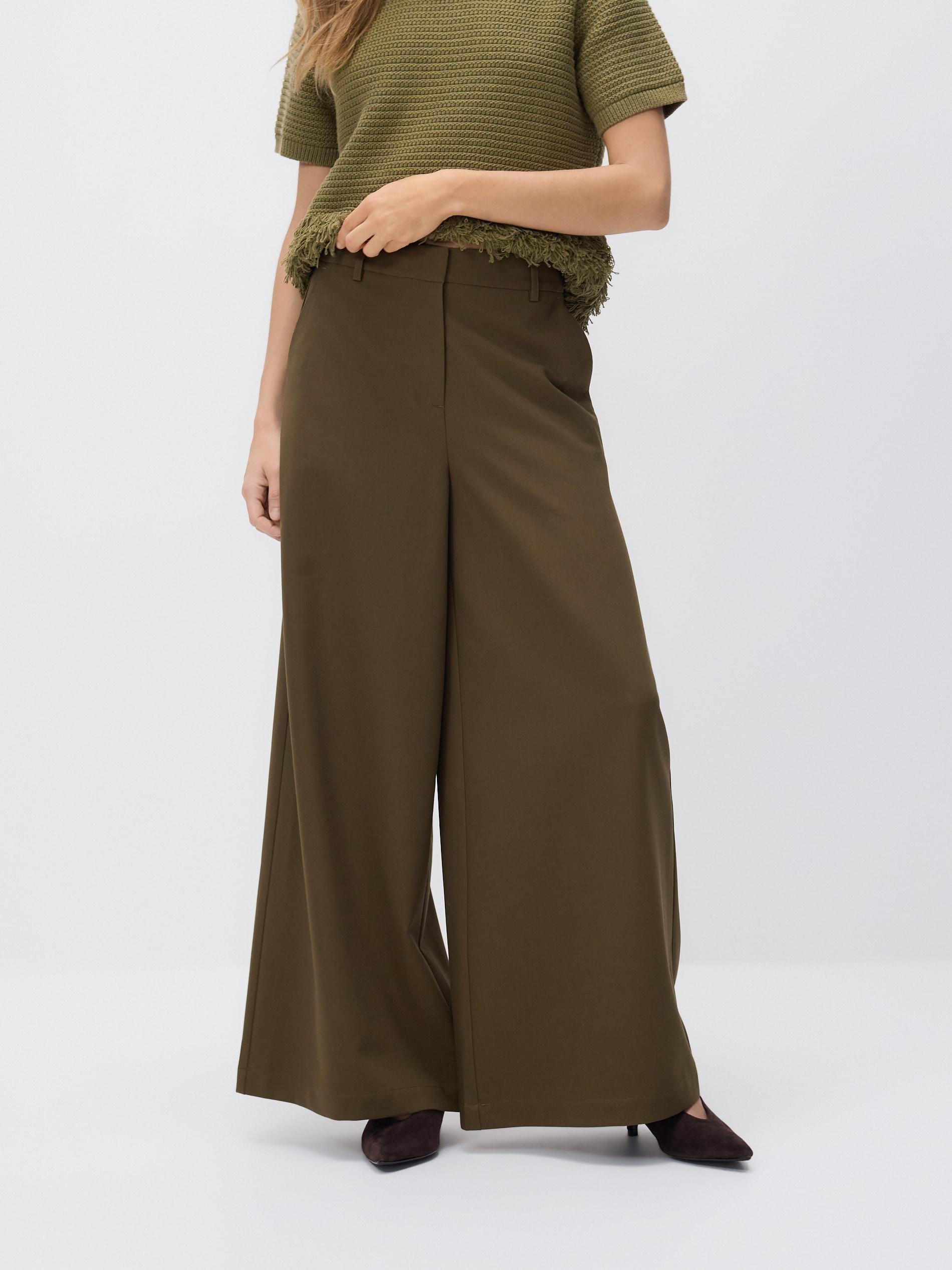 Green Wide Leg Trousers, Khaki, large image number 1