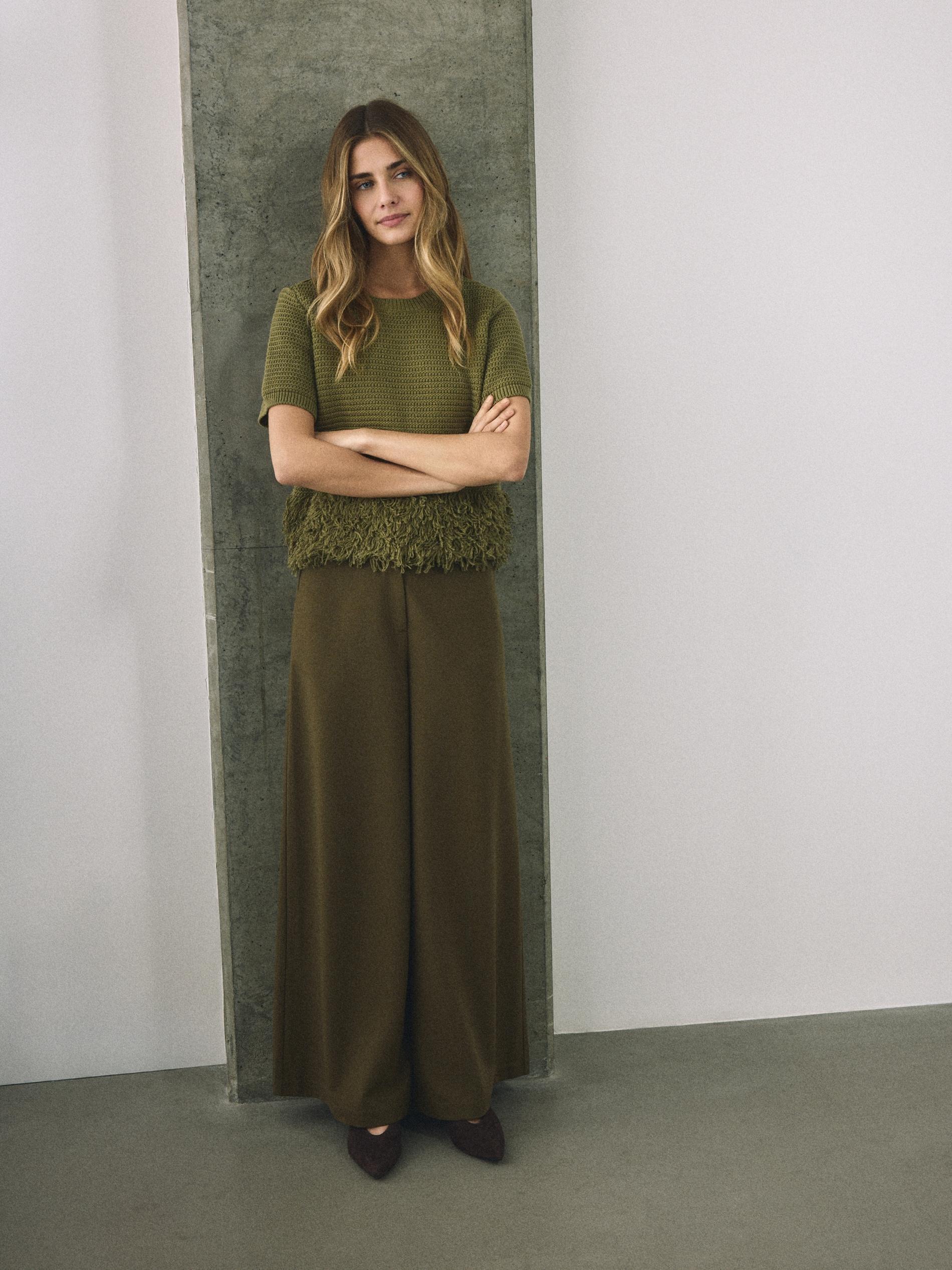 Green Wide Leg Trousers, Khaki, large image number 5