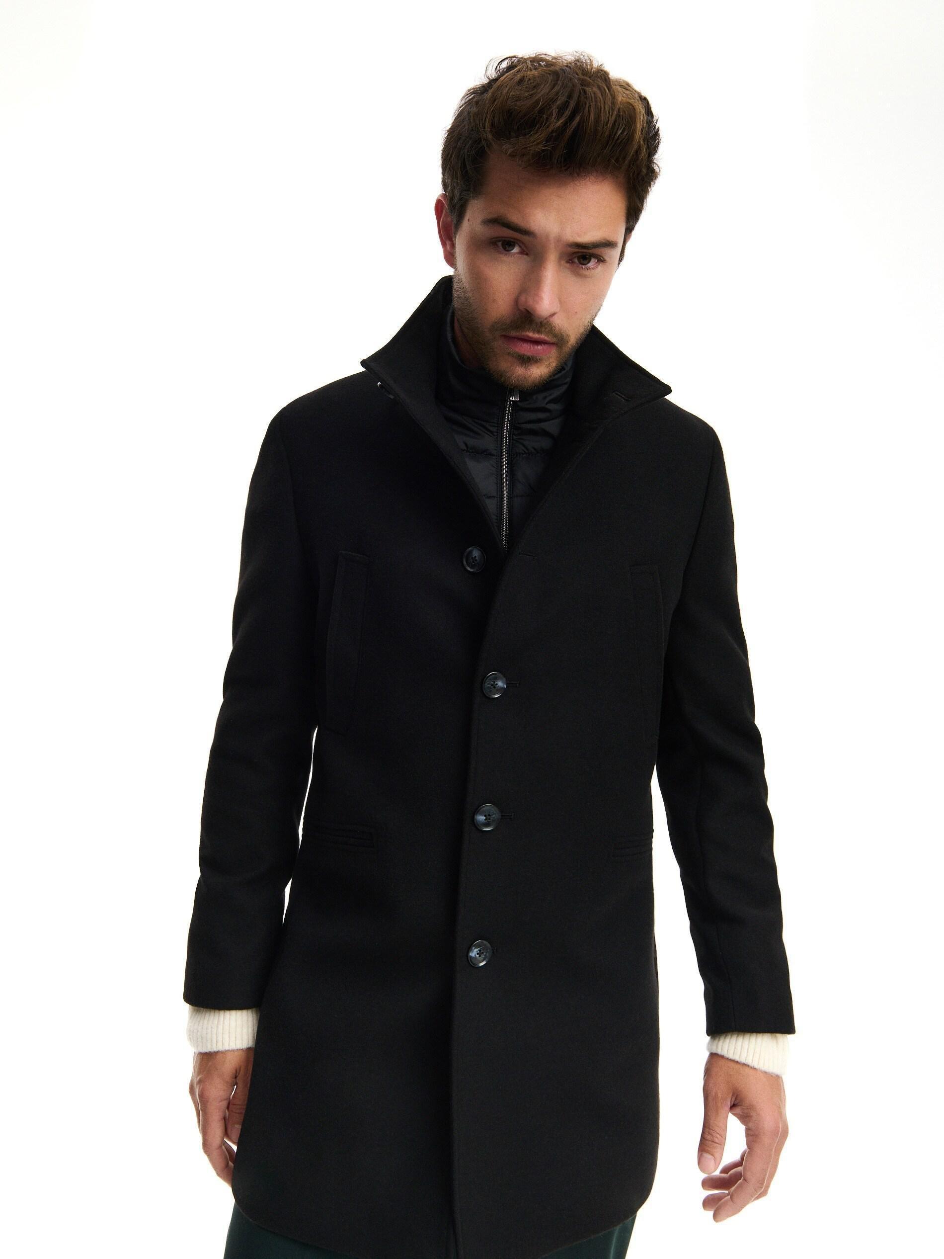 Black Stand Up Collar Coat, , large image number 0