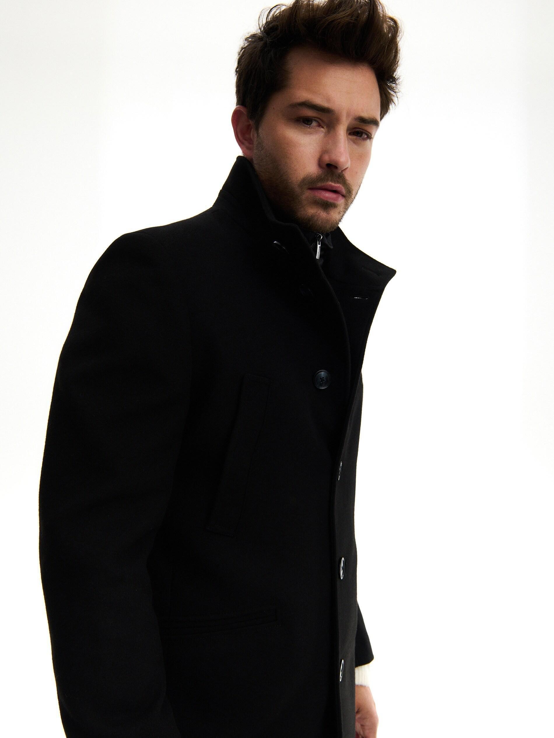 Black Stand Up Collar Coat, , large image number 2
