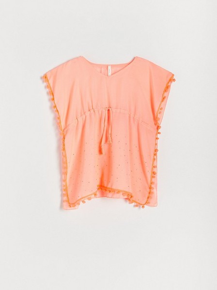 Reserved - Coral Beach Poncho With Pom Poms