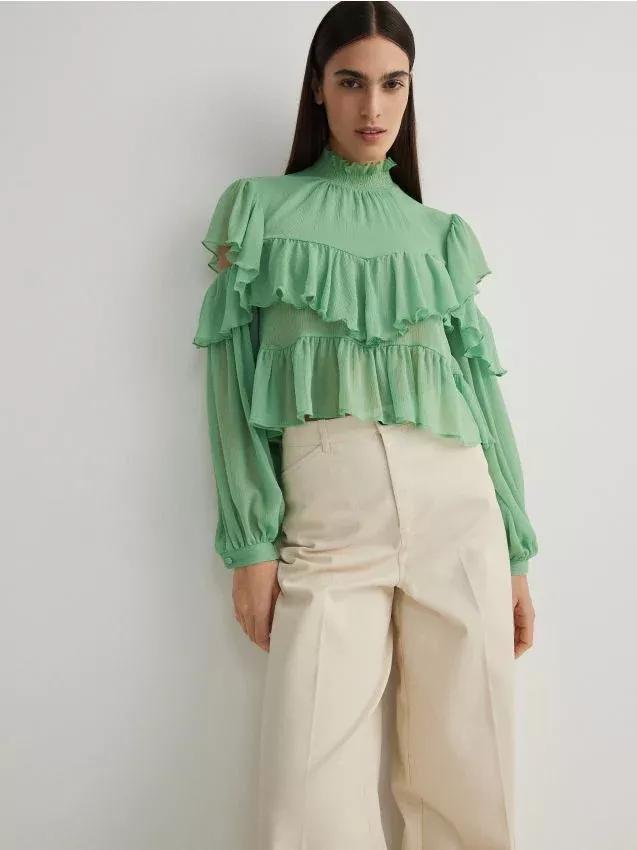 Green Ruffle Blouse, , large image number 0