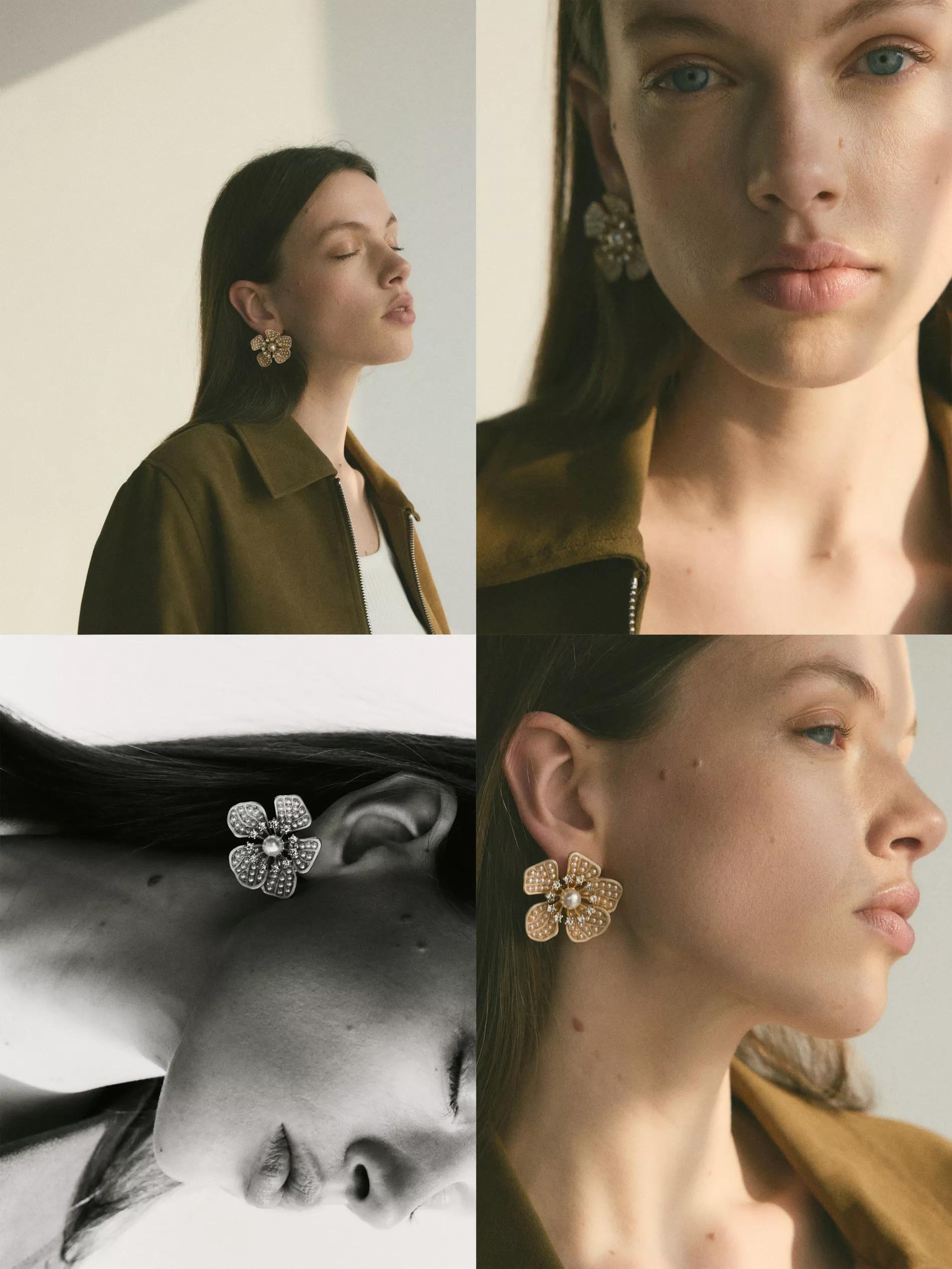 Cream Flower-Shaped Earrings, Ivory, large image number 0