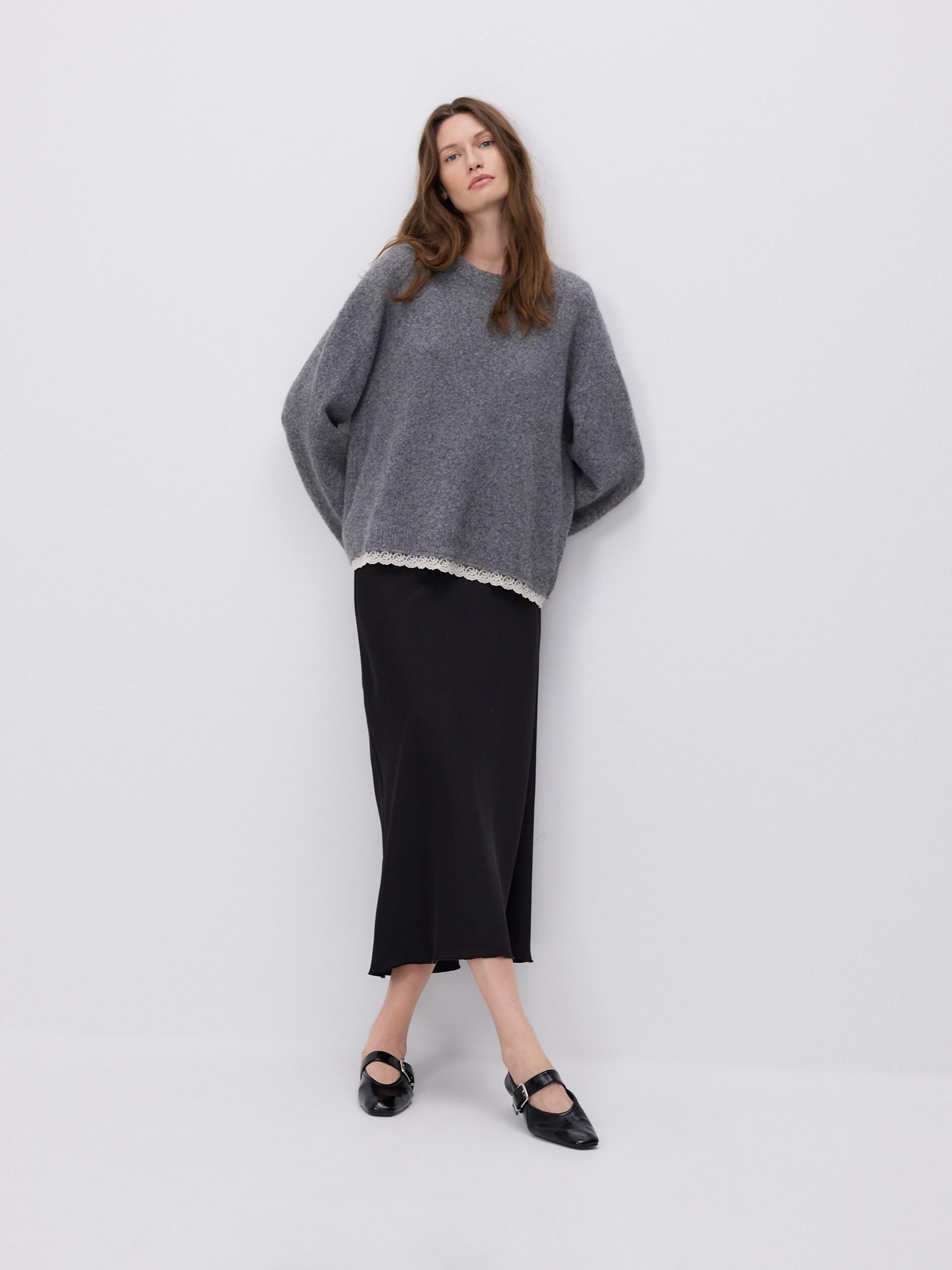 Grey Sweater With Lace Finish, Grey, large image number 0