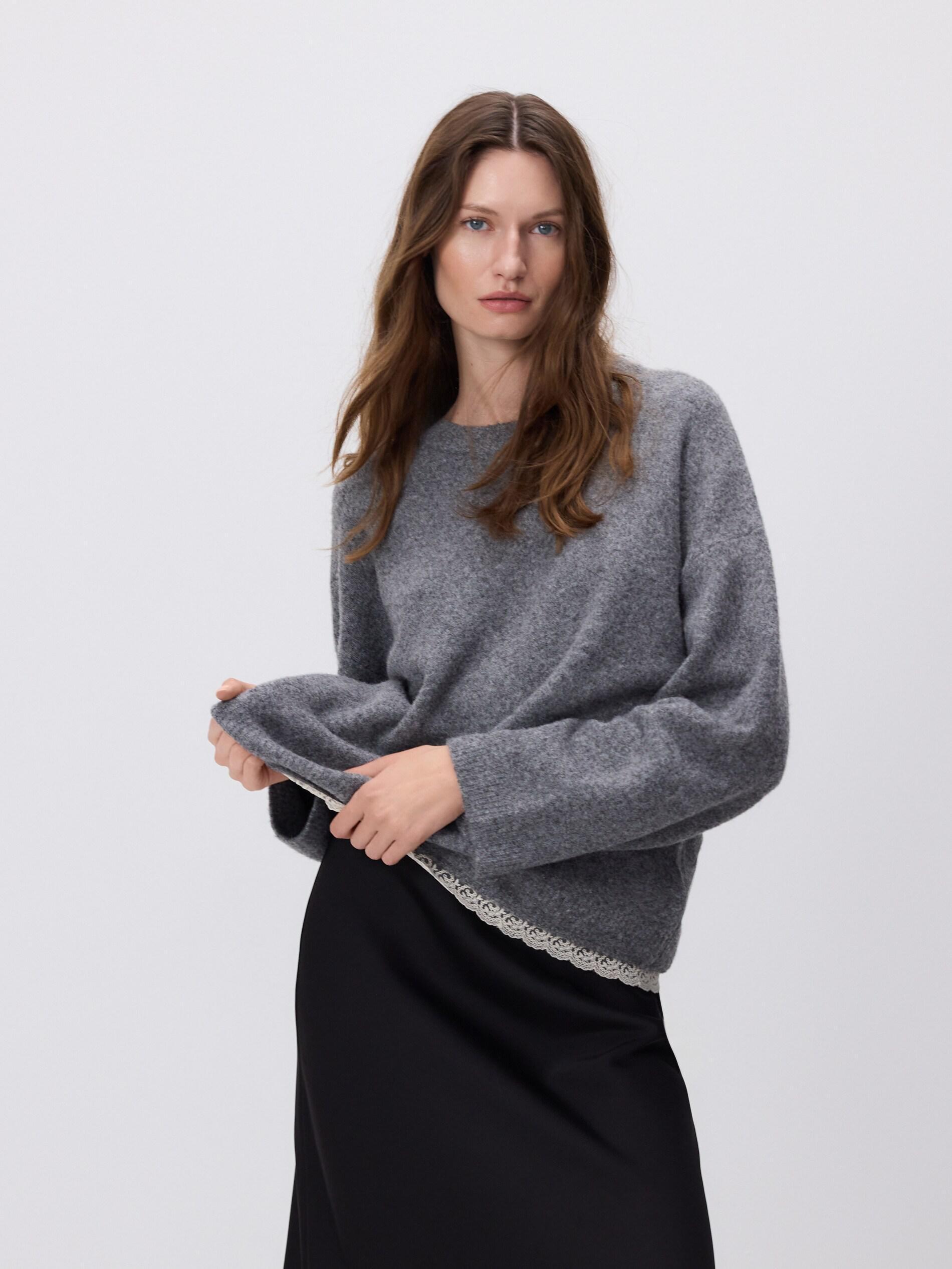 Grey Sweater With Lace Finish, Grey, large image number 1