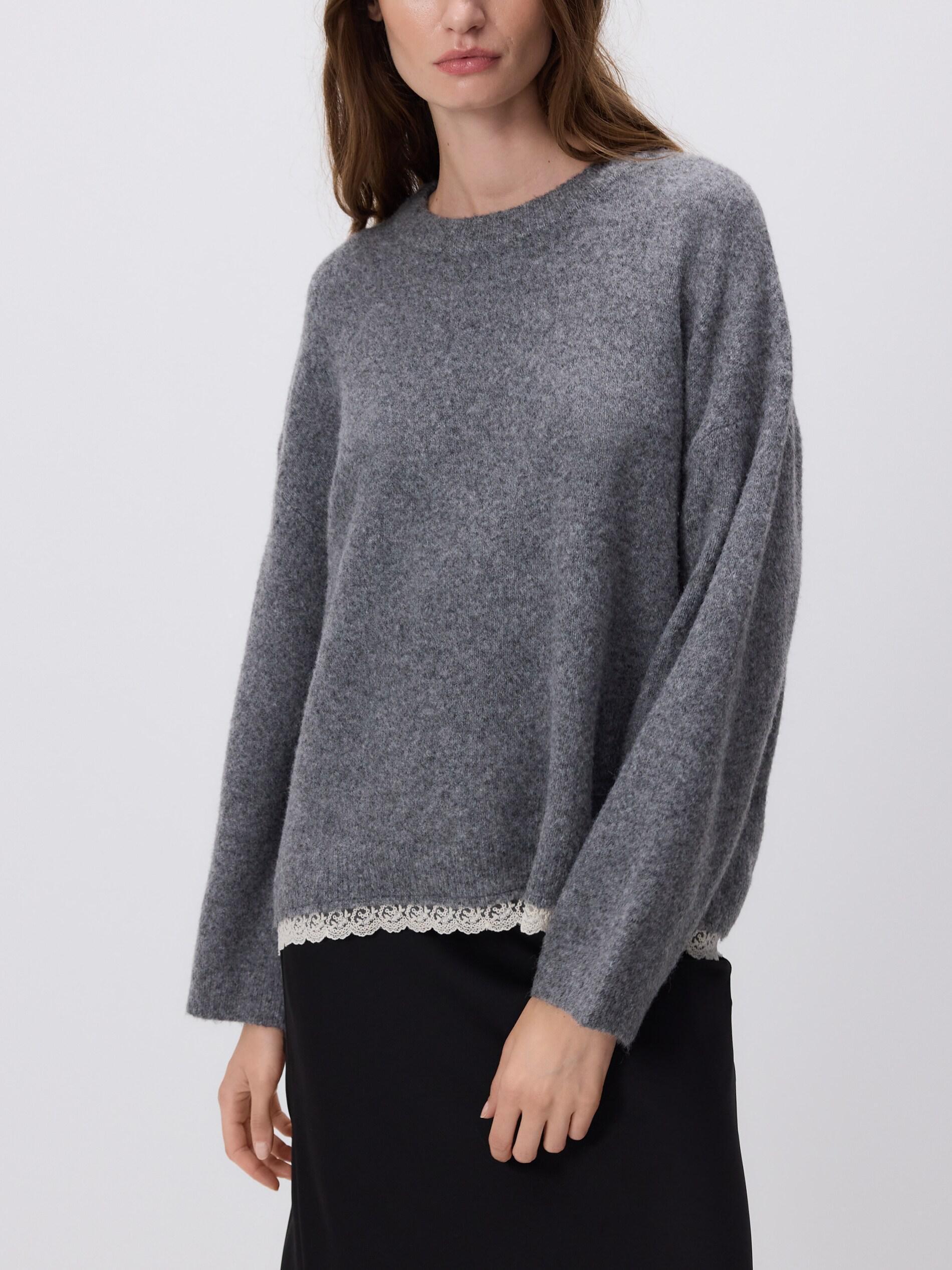 Grey Sweater With Lace Finish, Grey, large image number 2